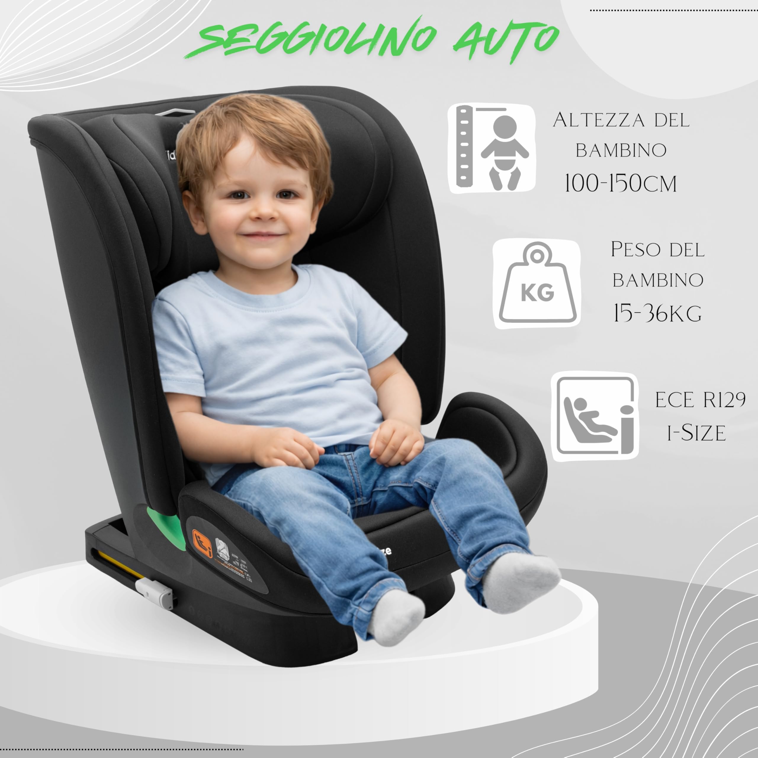 KidsZone Seggiolino Auto 15-36 kg Isofix 100-150cm i-Size ECE R129 - Seggiolino Auto Gruppo 2-3 (4-12 anni) - Reclinabile in 7 Posizioni, Poggiatesta Regolabile 9 Posizioni, Rivestimento Removibile