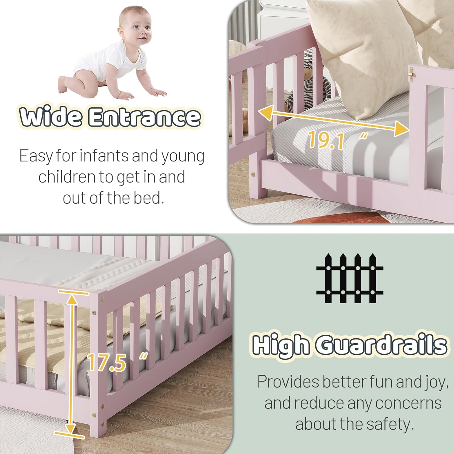 Full Floor Bed with Rails and Door,Rubber Wood Montessori Bed with Support Slats, Kids Full Bed Frames for Girls Boys,No Box Spring Needed, Pink