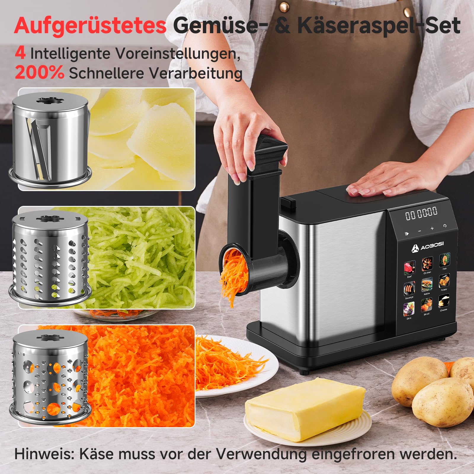 AAOBOSI Elektrischer Fleischwolf [3000W Max] mit LED-Anzeige, 9 Geschwindigkeitsstufen, Edelstahl-Schneideaufsatz, Wurstfüller & Kibbe-Maker, Integrierter Aufbewahrungsbehälter, Für den Heimgebrauch