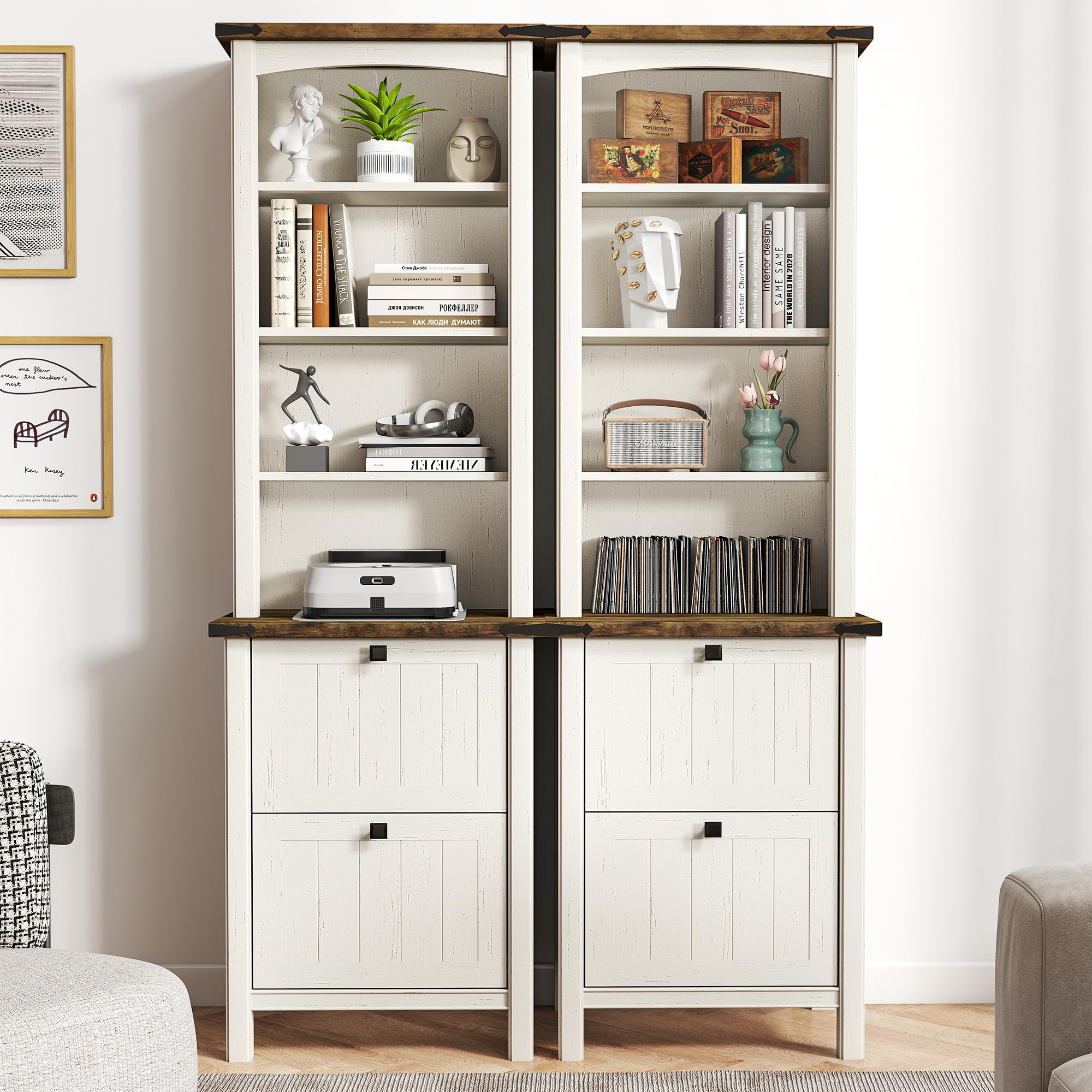 ENOUSHU Bookshelf with File Storage Cabinet Set of 2, 71" Tall Wood Bookcase with Adjustable Shelves and 2 Drawers, Farmhouse Display Shelves for Home