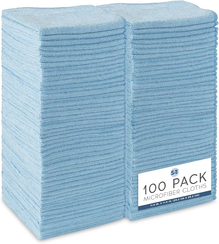 Microfiber Cleaning Cloth, 100 Pack, 11.5" x 11.5", Light Blue | Bulk Cleaning Cloth for Home and Car, Reusable and Multi-Purpose Cleaning Rags for Business, Machine Washable