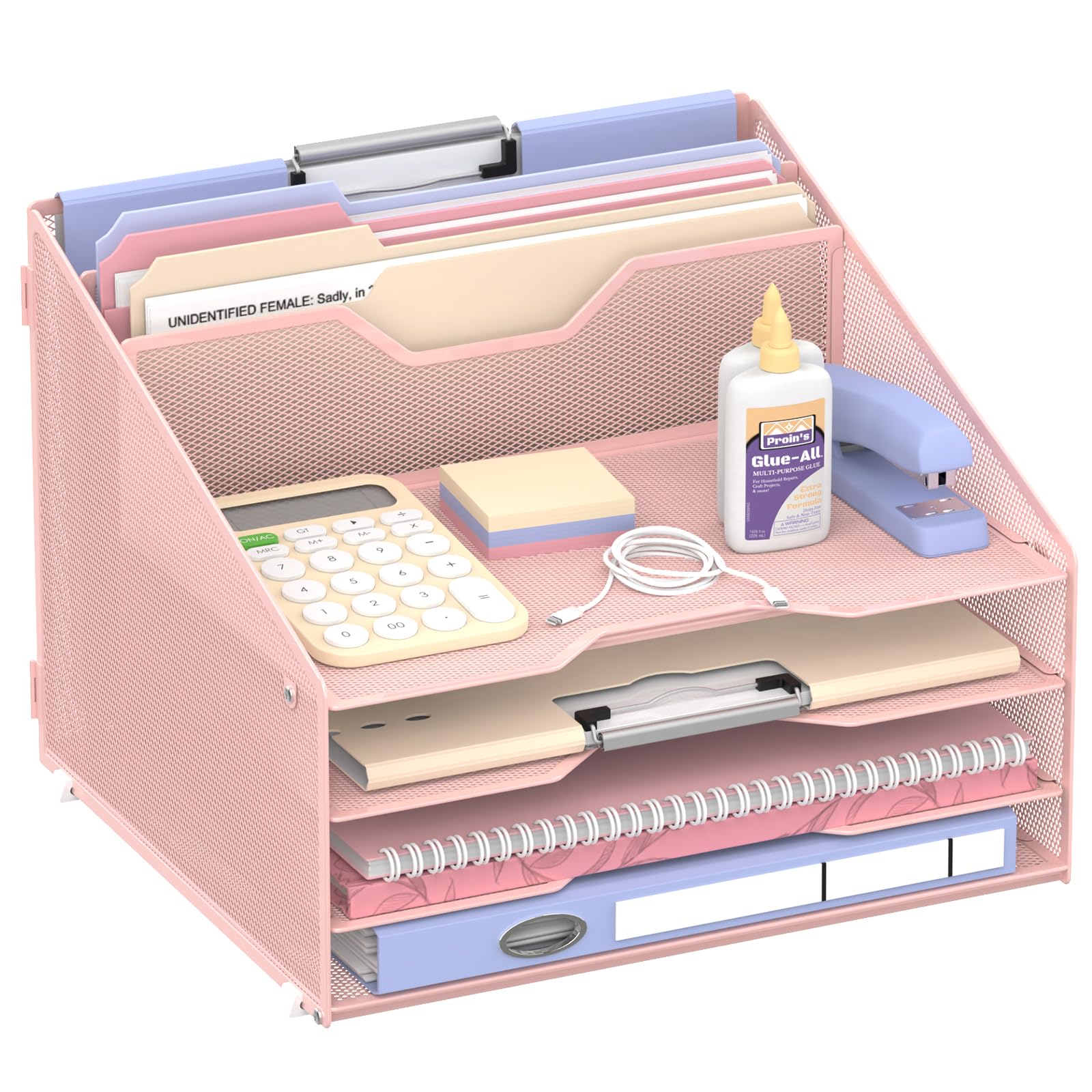 Supeasy Pink 3-Tier Desk Organiser With File Holder, Desktop Letter Tray Holder With 3 Paper Trays And 2 Vertical Section For Folder(Pink)
