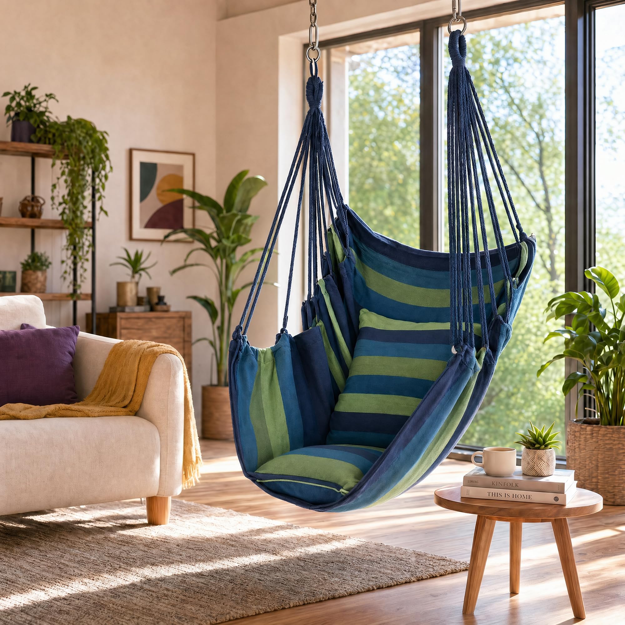 Silla hamaca colgante con 2 cojines, carga máxima de 330 libras, material de lona muy transpirable y cómodo, adecuado para muchos escenarios interiores y exteriores (azul-verde)