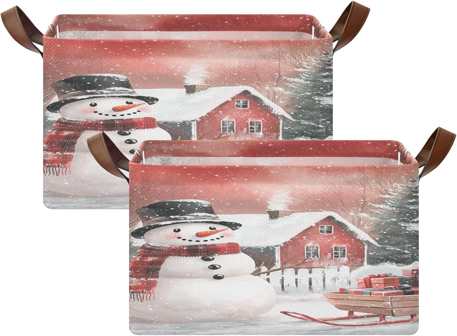 Snowman Presents Christmas 2 Pack Fabric Storage Bins for Shelves Collapsible Cube Storage Bin Basket Storage Cubes with Handle Under The Bed Storage Bins for Home Office Clothes Closet