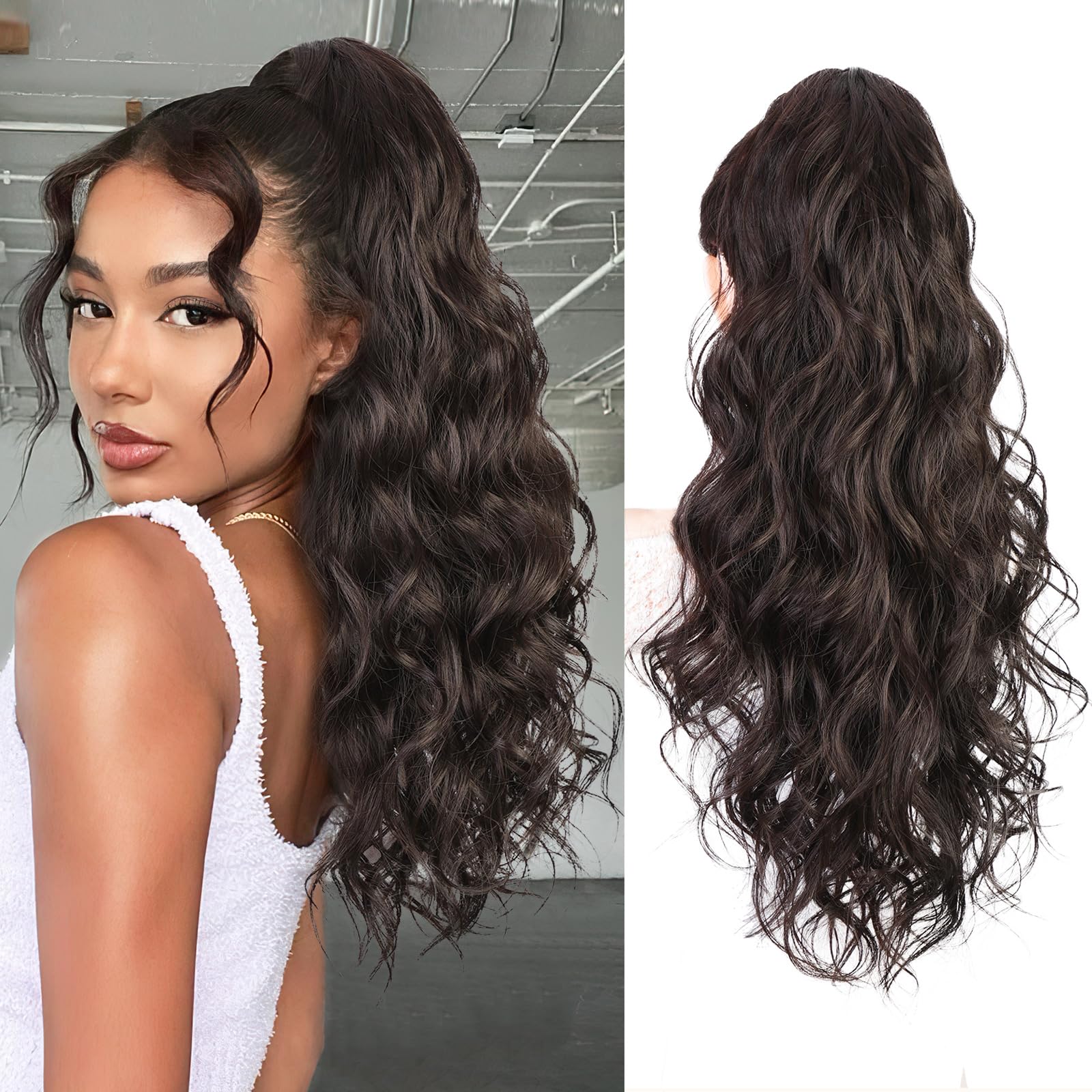 AISI BEAUTY Dark Brown Ponytail Extension, 24 inch Long Wavy Curly Claw Clip Ponytail Hair Extensions, Natural Synthetic Hairpiece for Women Daily