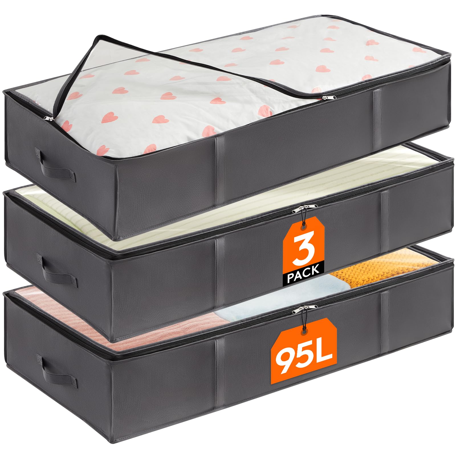 Lifewit 3 Pack 95L Under Bed Storage, Underbed Storage Boxes with lid Clothes Storage Bag Wardrobe Storage Organiser with Reinforced Handle, PVC Window for Duvet, Blanket, Clothing, Shoes, Grey