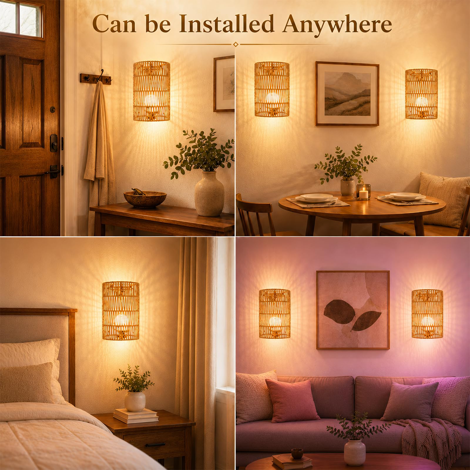 2 Stück Boho Rattan Wandlampe Innen Akku,wandleuchte innen Stromanschluss,RGB Dimmbare Wandleuchten mit Fernbedienung, 3Zeitplanungsmodi, Boho Rattan Nachttischlampe für Schlafzimmer Wohnzimmer Flur