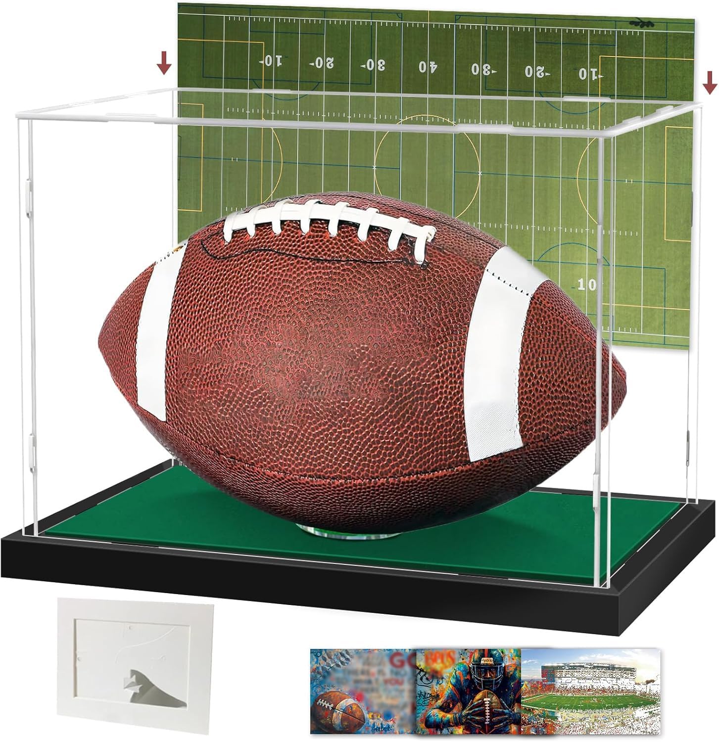 Acrylic Football Display Case with Autograph Photo Frame,Clear Sports Memorabilia Box, UV Protection for Full Size Footballs, Includes 2 Double-Sided Scene Cards for Custom Backdrop
