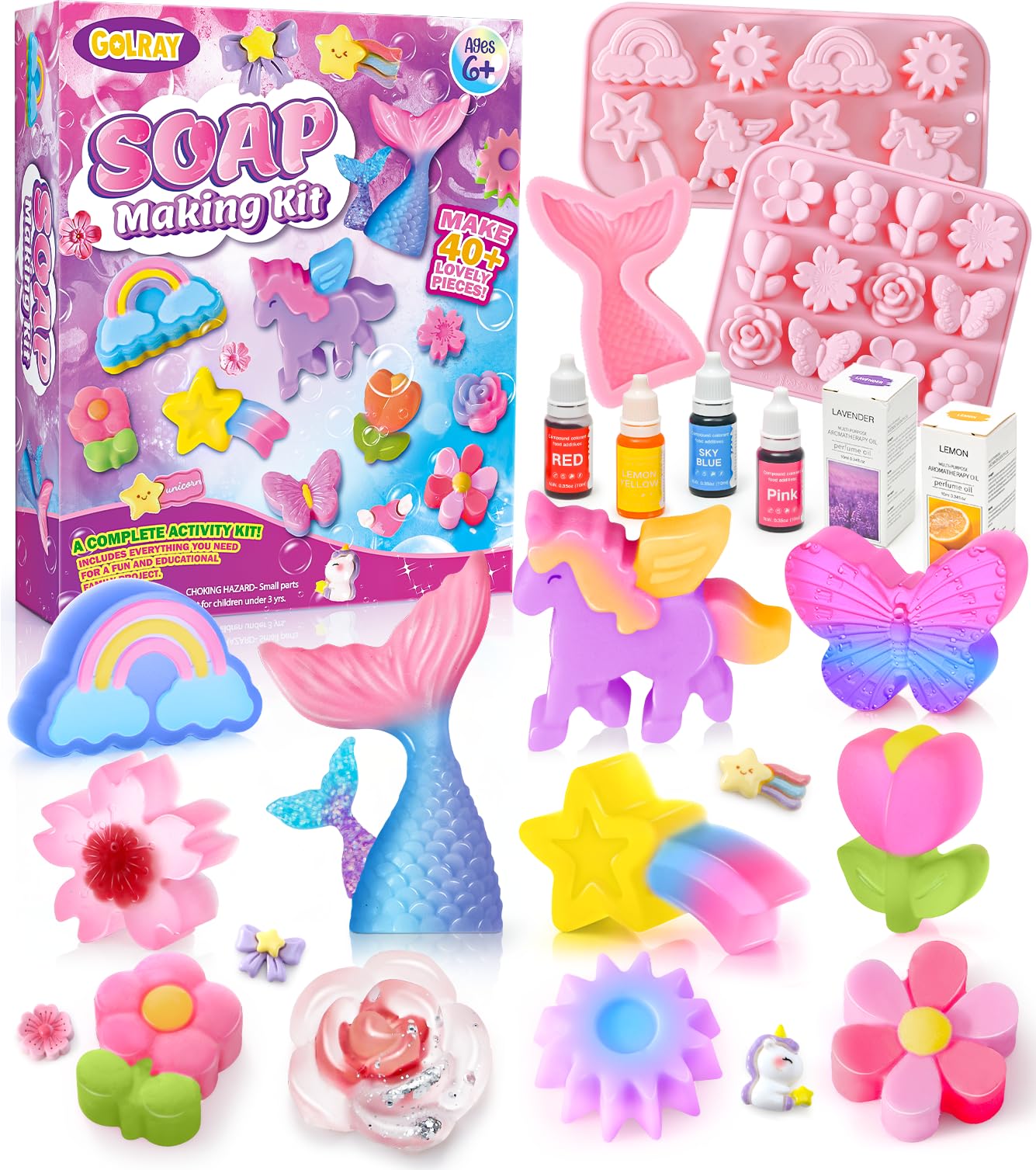 Golray Soap Making Craft Kit for Kids Girl Toys, Make 40 Pcs+ Soap Supplies with Unicorn/Mermaid/Butterfly Model, 2 Essential Oil, DIY Science Art and Craft Kit for Kid Girl Age 5-7 8-12 Year Old Gift