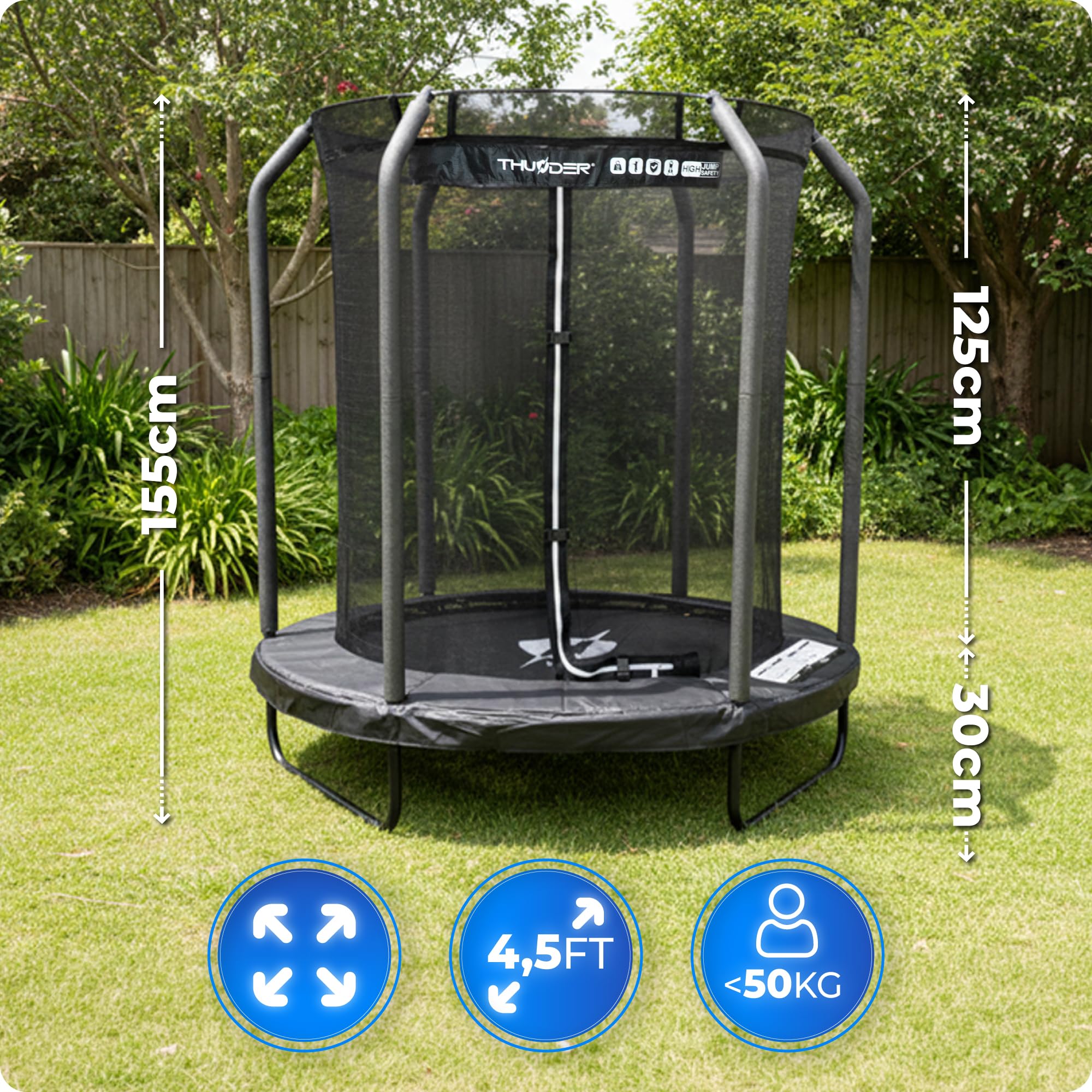 THUNDER Gartentrampolin Outdoor mit Sicherheitsnetz & Leiter – Stabil & Wetterfest für Garten & Freizeit