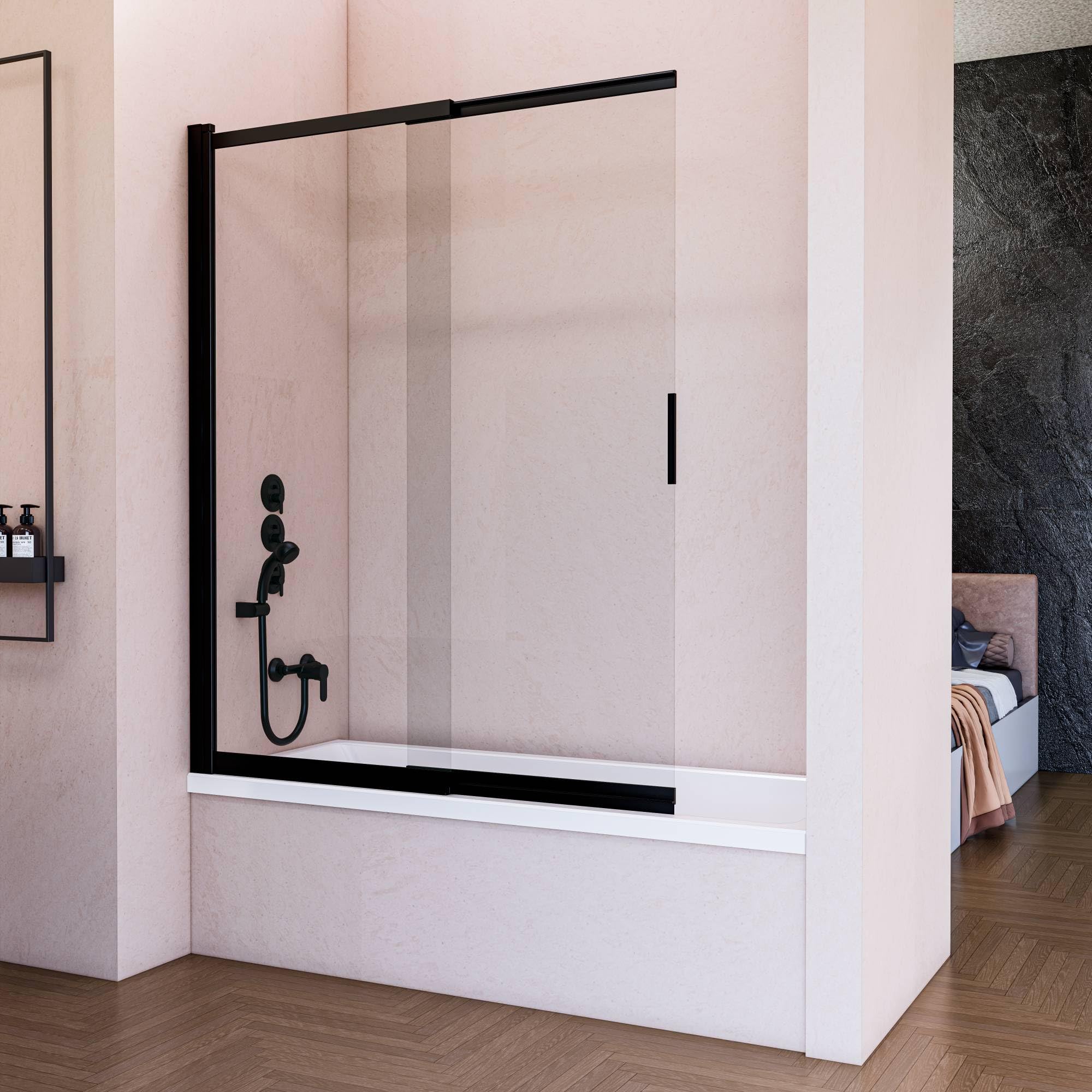 Mampara de Bañera Abatible Corredera 70 cm Negro Mate - Cristal Templado 6 mm Antical - 150cm Altura