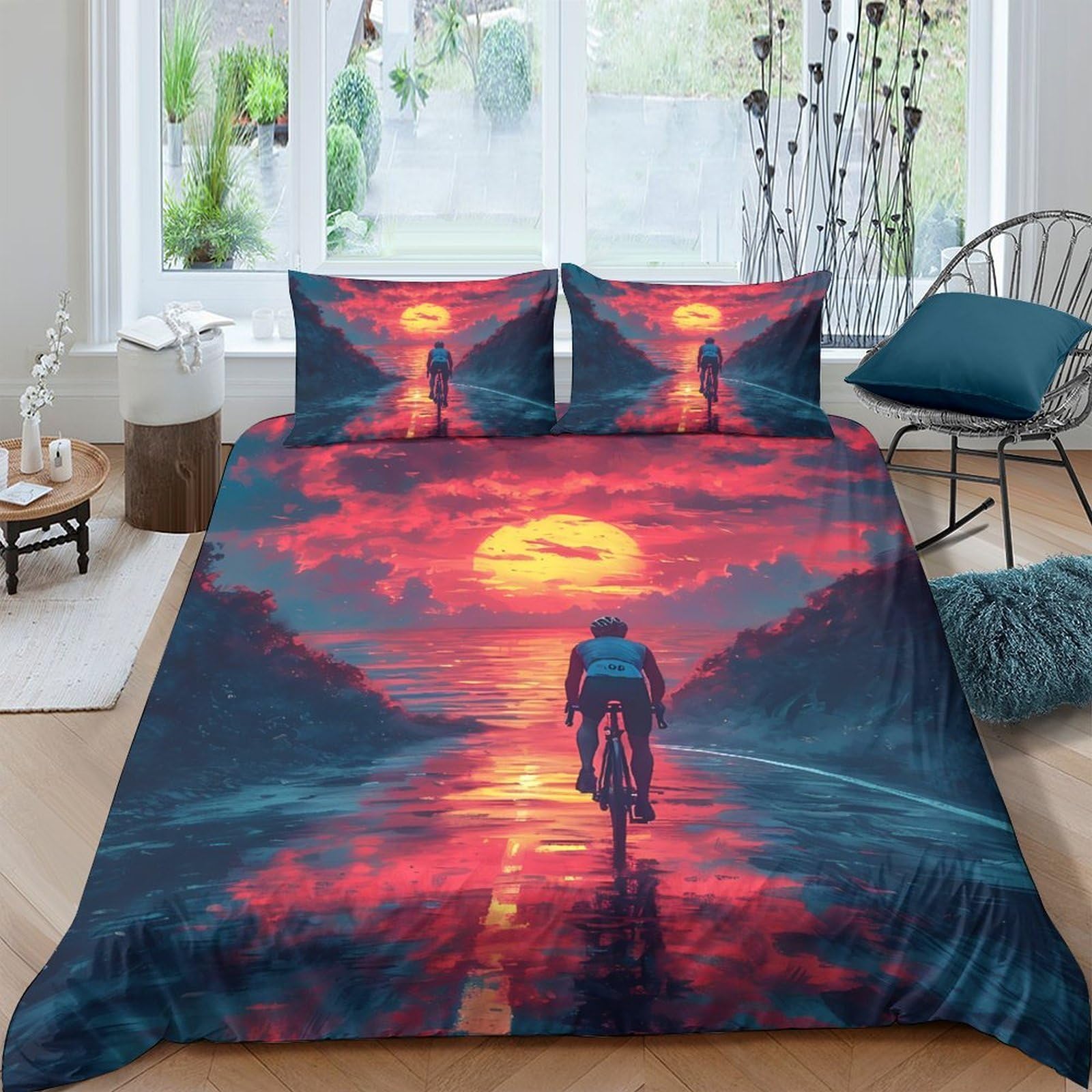 GPLZQXKJNH 3D Printed Sunset Road Duvet Cover Set Microfiber Breathable Scenic Walk Bedding Set with 2 Pillowcases for Bedroom Decoration Single（135x200cm）