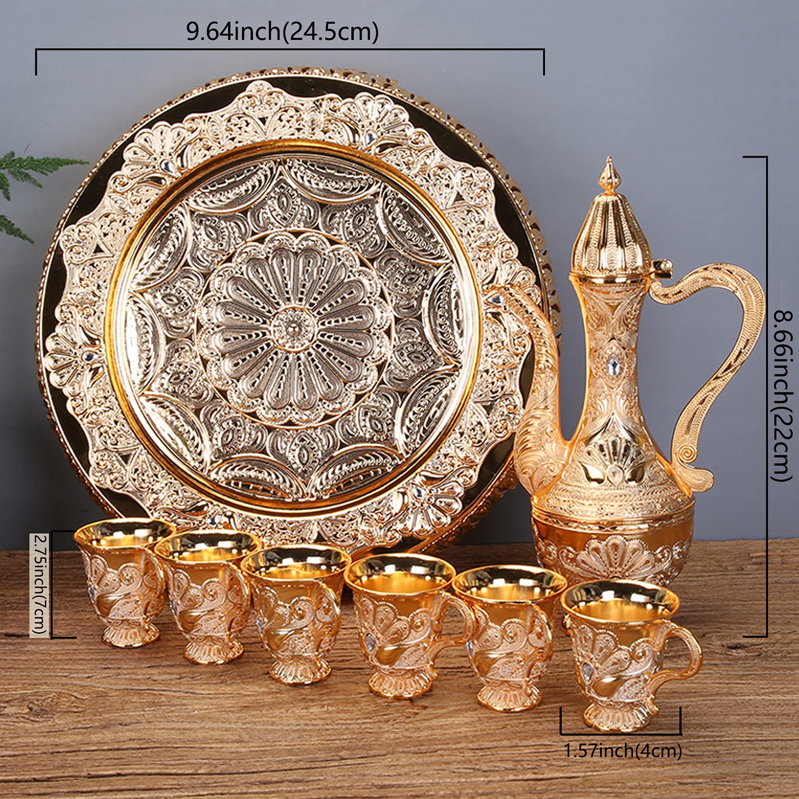 Set Théière Turque Métal Doré - 1 Pot + 6 Tasses + Plateau - Style Vintage