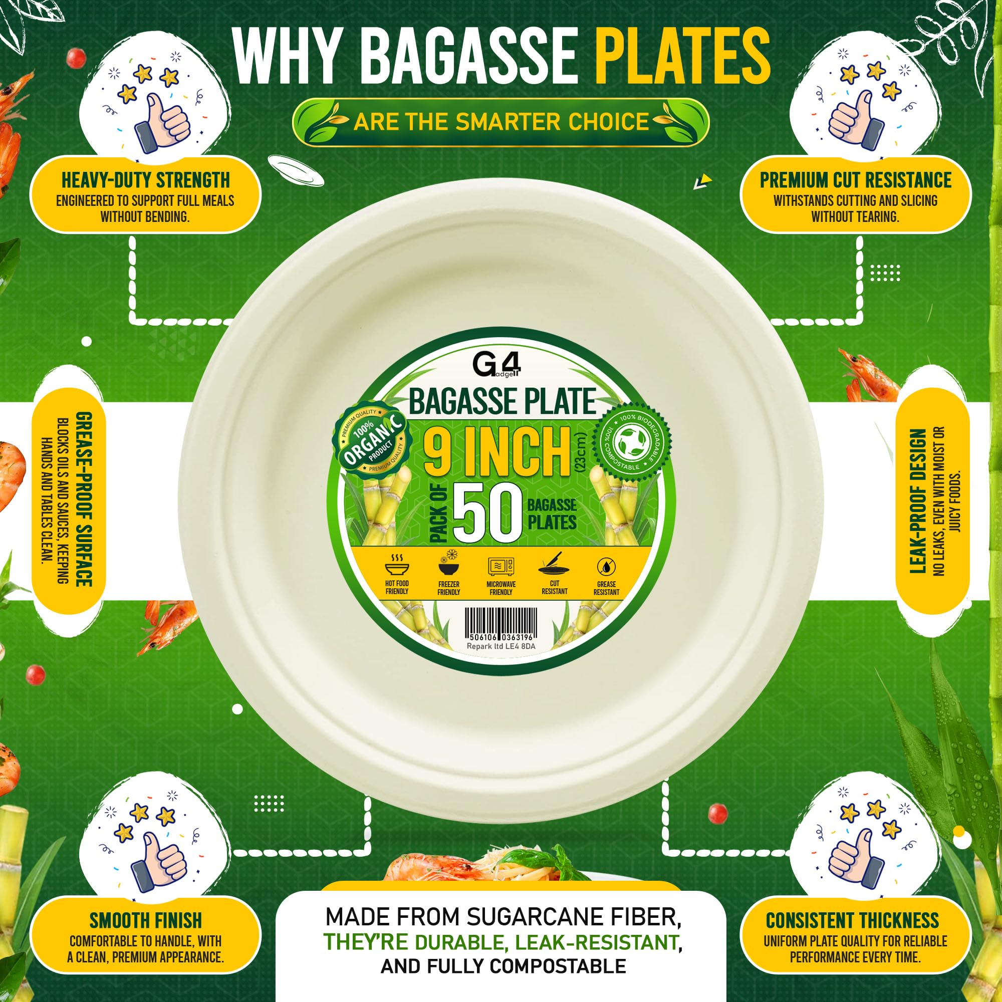 G4GADGET 9 Inch Heavy Duty Bagasse Paper Plates - Pack of 50, White - Image 3