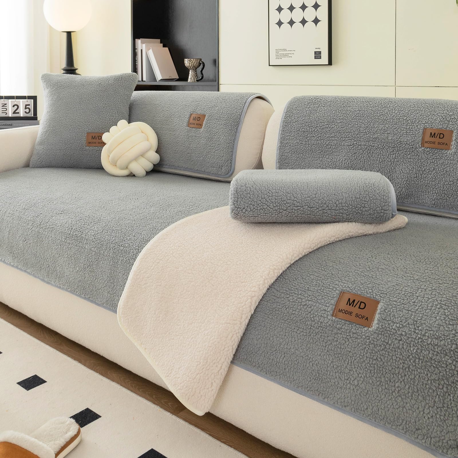 Sherpa Fleece Sofa Cover, Super Soft Funny Fuzzy Sofa Couch Covers, Warm Plush, Non-Slip Sectional Sofa Slipcover Furniture Protector for Kids, Pets(Light Grey, 28"x 28")