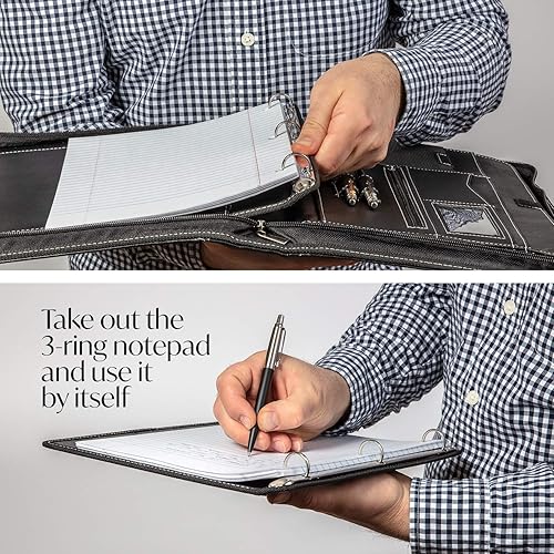 Miniatura 5 de Cartera profesional de cuero Carpeta con cremallera para entrevistas de negocios Organizador de 3 anillos para tabletas de hasta 13 pulgadas