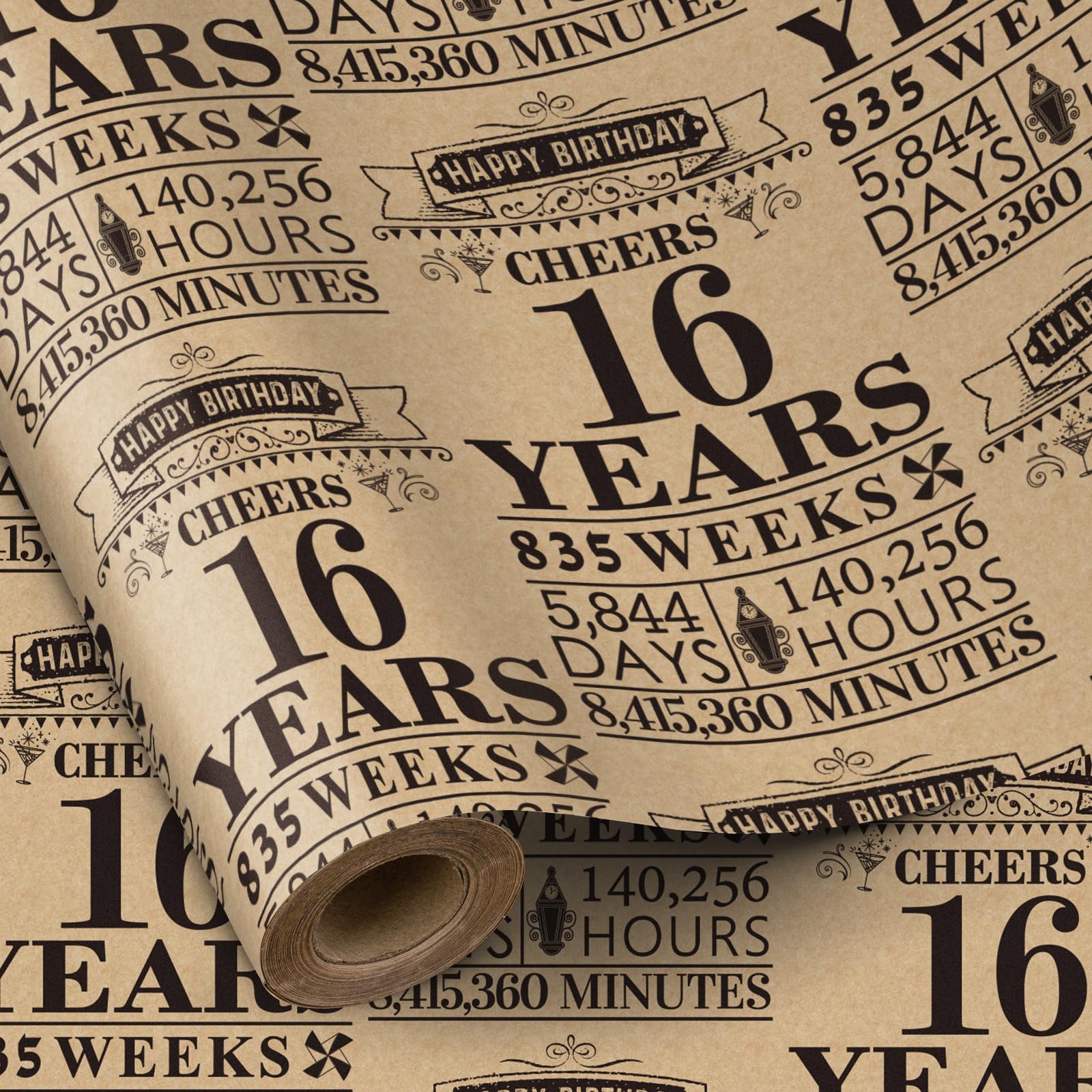 RUSPEPA 16th Birthday Wrapping Paper Roll, Black Design, 43.2cm x 5m, 16 Years, Kraft Paper, Birthday Occasion