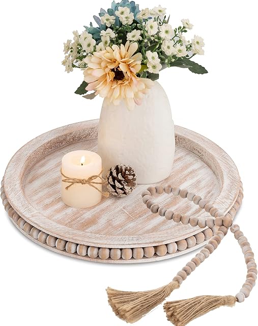 Hanobe Round Wooden Bead Tray: Coffee Table Tray with Wood Beaded Garland Decor Set White Washed Decorative Tray for Counter Farmhouse Centerpiece Rustic Circle Distressed Tray for Tea Candle Holder