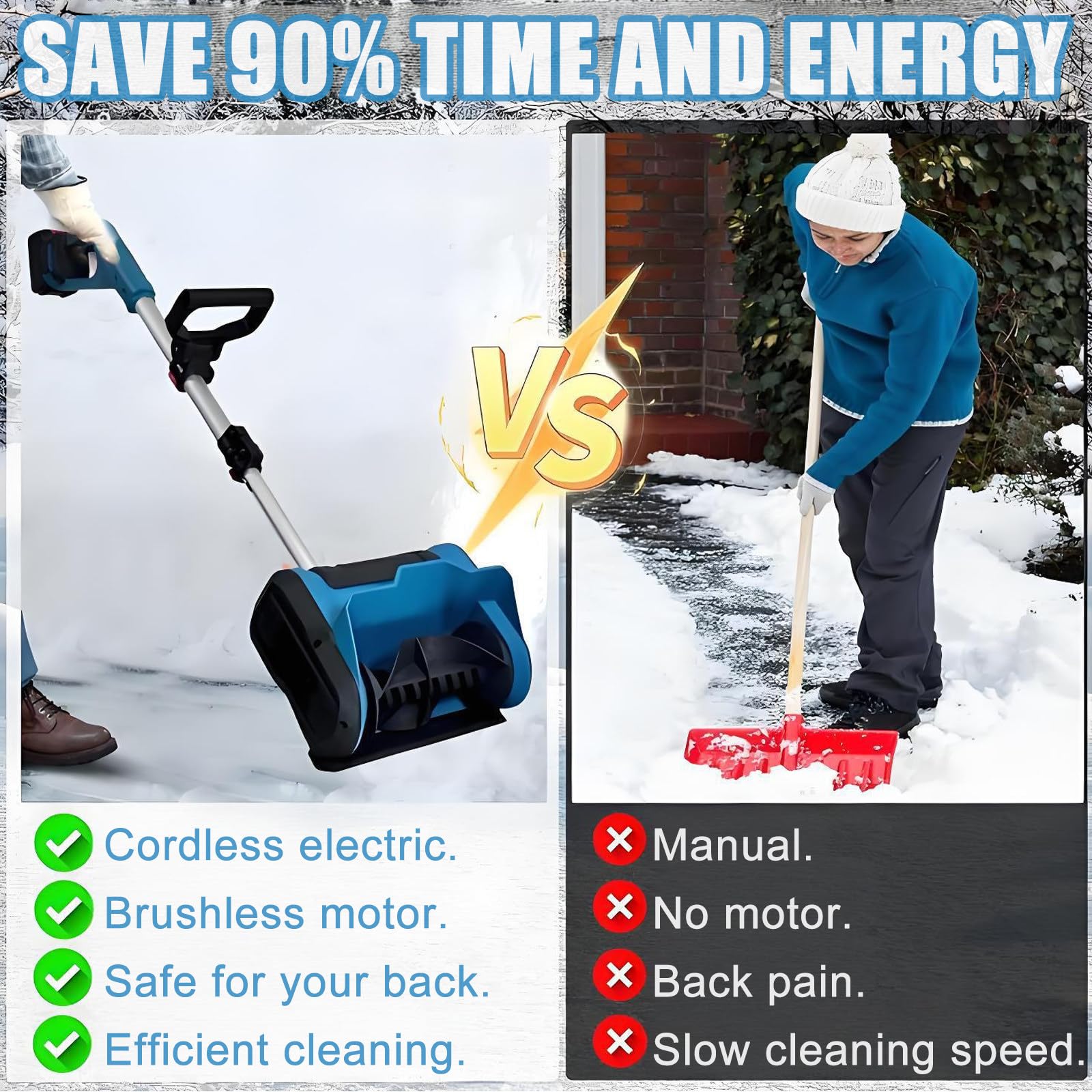 Spazzaneve elettrico senza fili, pala da neve pieghevole con motore brushless da 600 W, 3000 giri/min, lancio direzionale a 45°, spazzaneve portatile, include 1 batteria