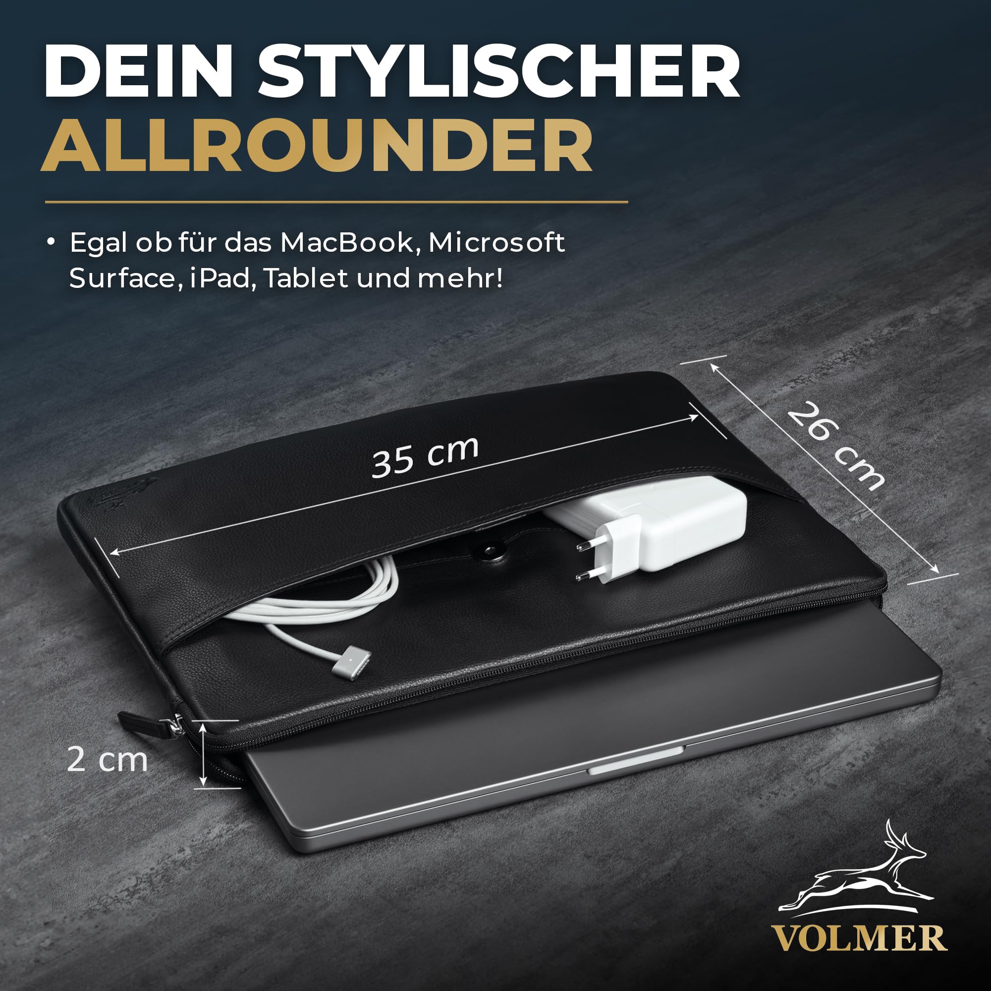 Fa.Volmer Funda para portátil 13,3 pulgadas hecha de piel de vacuno fina, negra, con cremallera metálica, acolchada, dimensiones interiores: 34 x 24 x 3 cm (negra, 13,3 pulgadas)