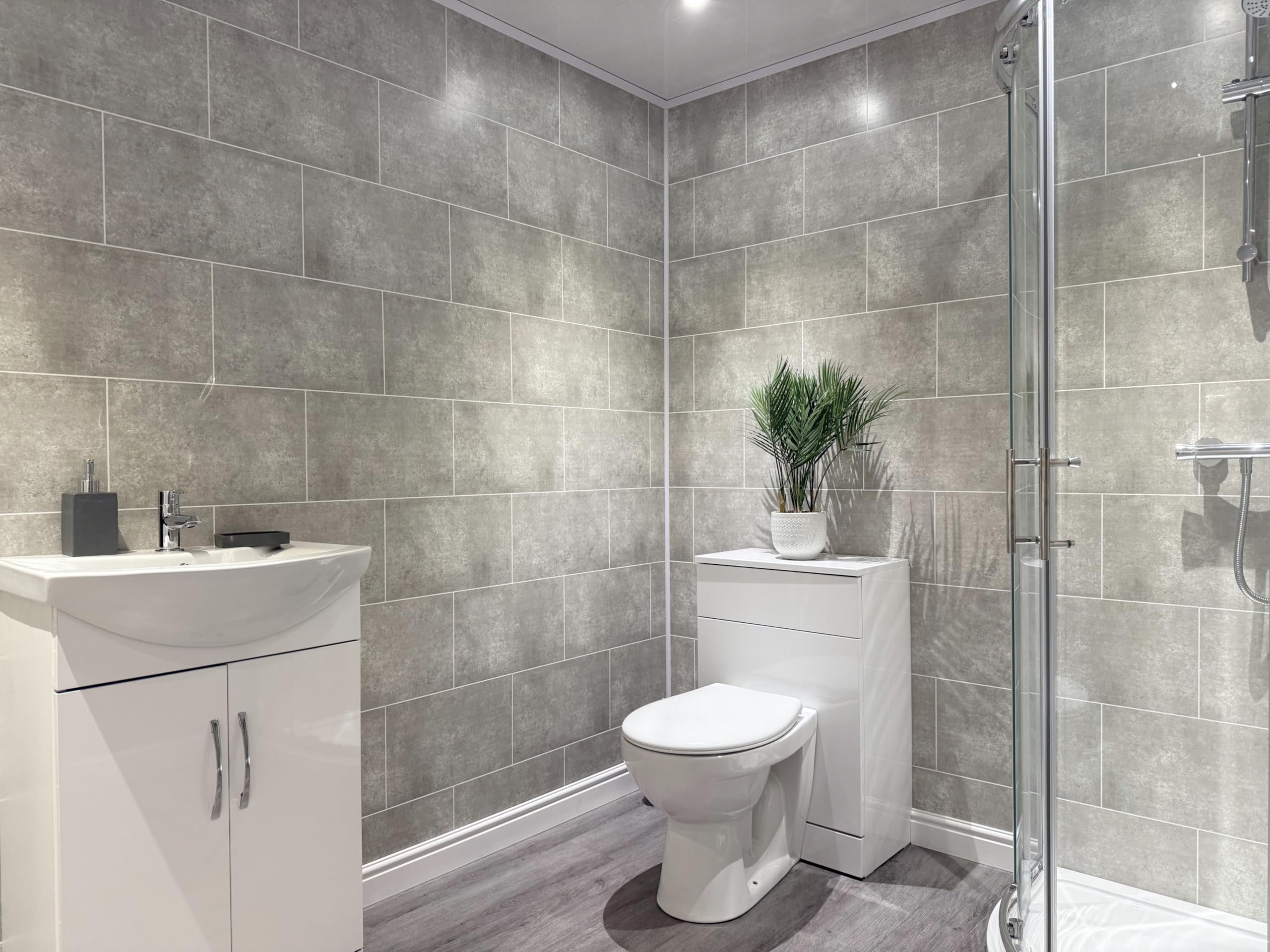 DBS Bathrooms Grey Brick Grout Line Tile Effect PVC Bathroom Wall Panels, Shower Wet Wall, Kitchen Cladding (14 Panels)