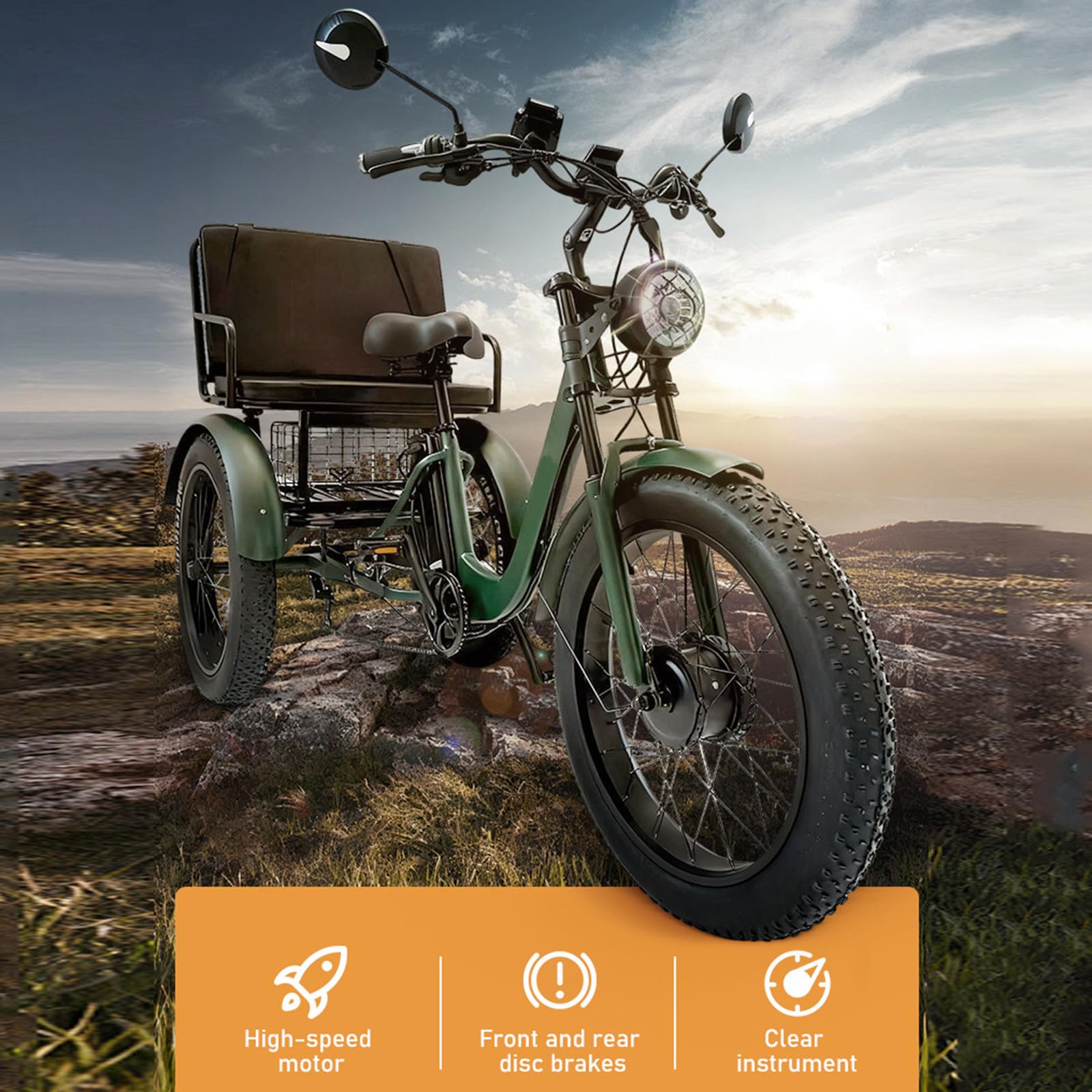Tricycle électrique 7 Vitesses Pour Adultes,Vtt électrique à Gros Pneus 24" X 4.0 48 V 18 Ah,écran Lcd,Freins à Disque Doubles Et Phare LED,Pour Les Déplacements Quotidiens Et Le Shopping. Green