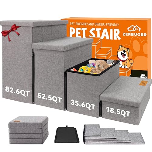 Zerbuger Dog Stairs with Storage 23" H, 4-Step Wider Dog Steps for High Beds Window, Folding Sturdy Pet Stairs Gift for Injured Old Dogs Cats, Ramp for Climbing Car Up to 200 lbs,(Gray, No Condo)