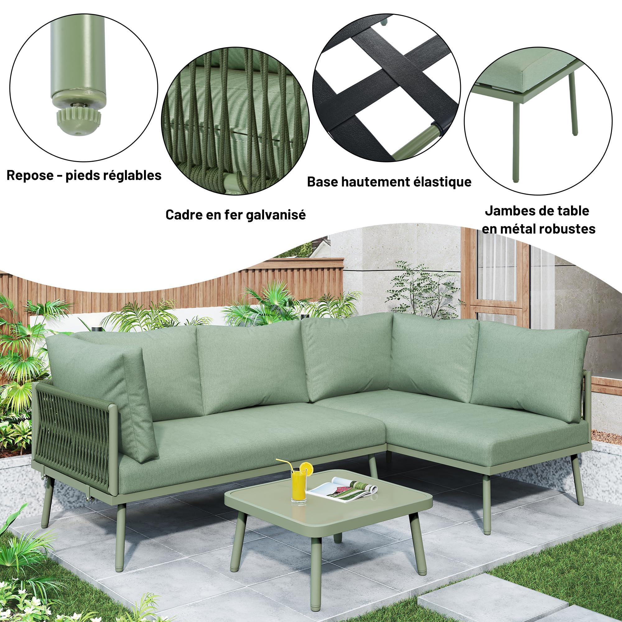 Zepneiy Set di mobili da giardino lounge per esterni, set di mobili da giardino a forma di L, con 2 divani e 1 tavolo, mobili da balcone, divano da giardino in ferro e corda verde, con cuscino di
