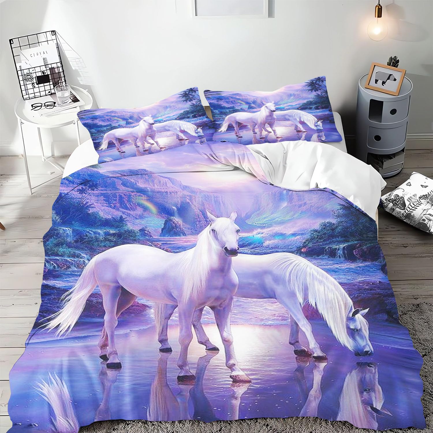 SMchwbc Horse Bed Linen 135 x 200 cm, Horse Girls, Children, Horse Bed Linen Set, Soft Microfibre Horse Bed Linen Set with Zip and 2 Pillowcases (135 x 200 cm, 4)