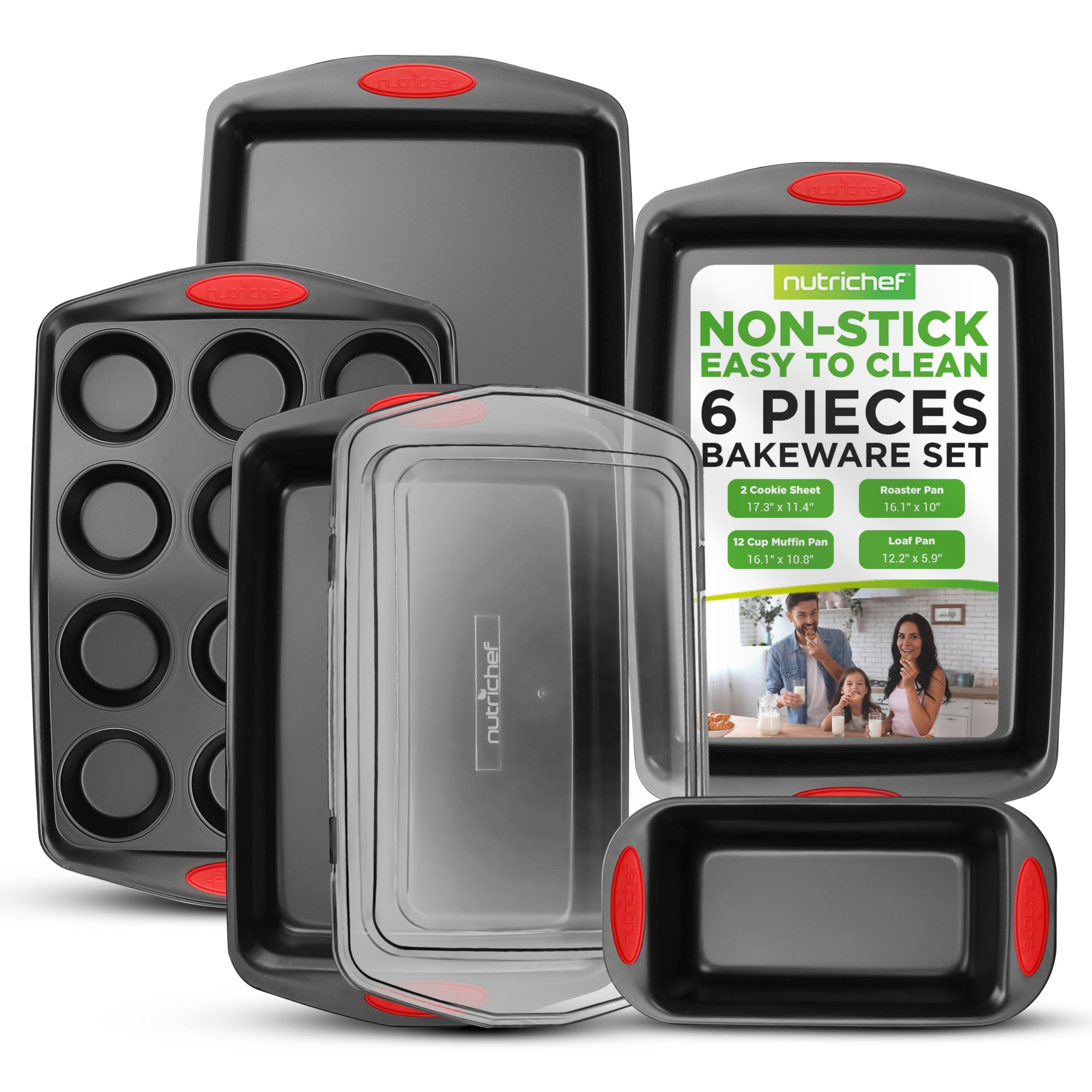 nutrichef 6-piece baking pan set - pfoa, pfos, ptfe free flexible nonstick black coating carbon steel bakeware - professional home kitchen bake cookie sheet stackable tray w/red silicone handles