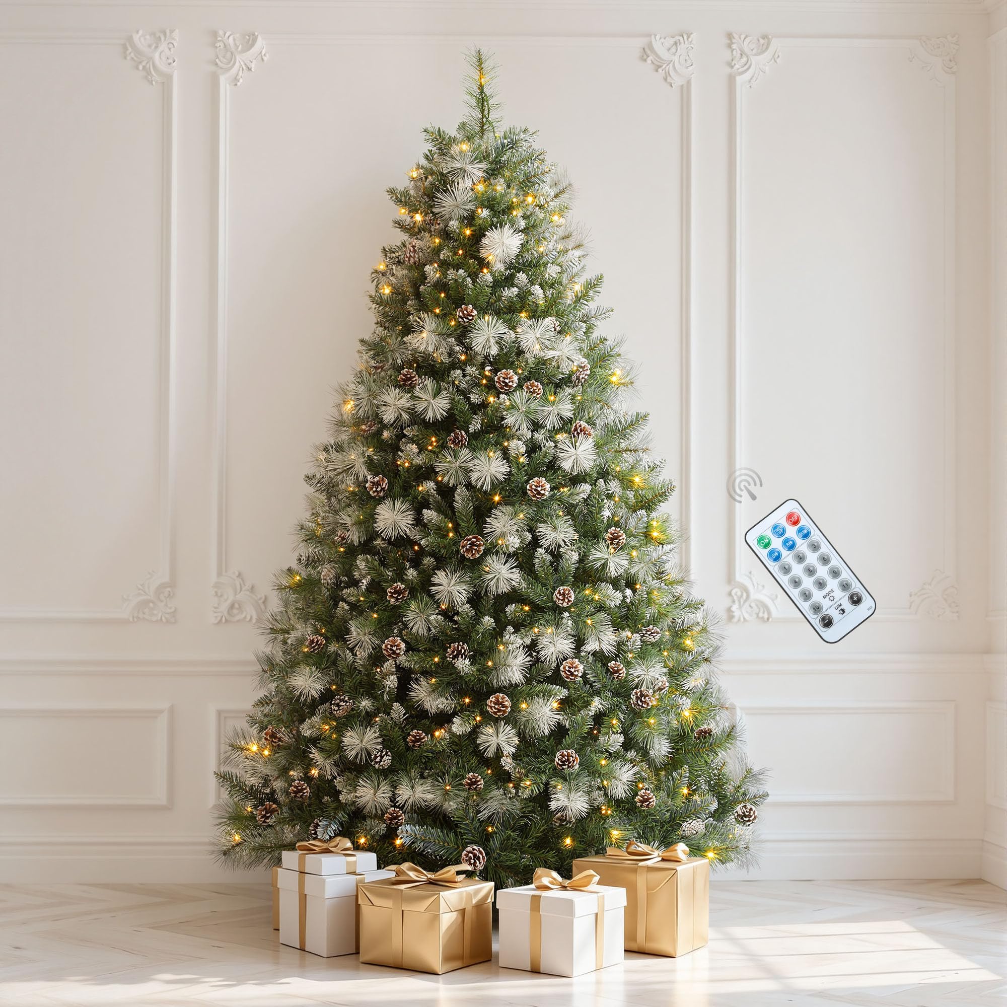 DWVO 4.5ft Prelit Frosted Green Christmas Tree with Pine Cones &amp; Remoter