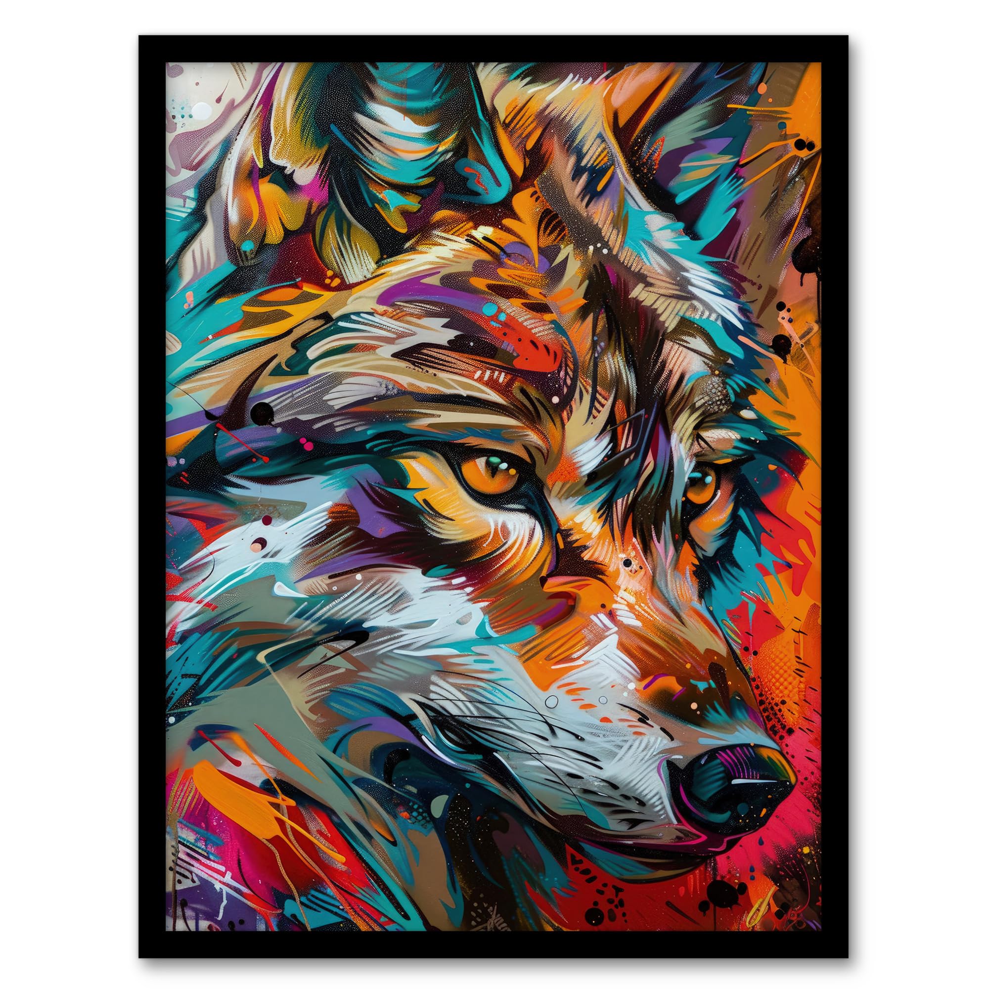 Artery8 Colourful Abstract Wolf Head Portrait Painting For Living Room Artwork Framed Wall Art Print 18X24 Inch