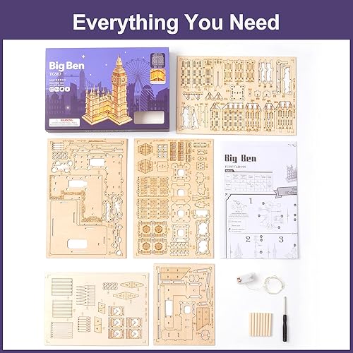 Miniatura 8 de Rowood Rompecabezas de madera 3D para adultos, paquete de pagoda de cinco pisos de bricolaje Big Ben, kits de modelo de madera para adultos, regalos