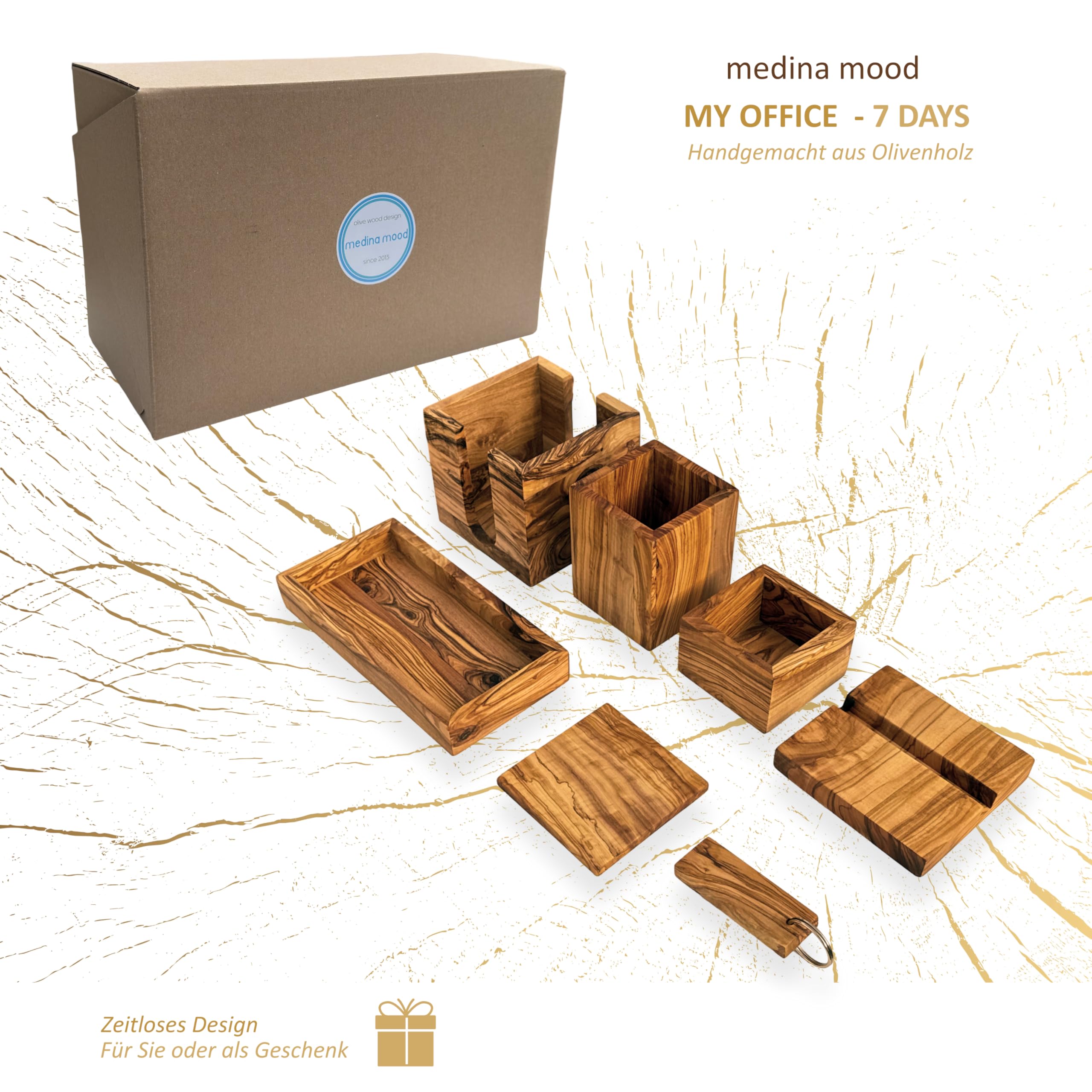 Set scrivania in legno d'ulivo "My Office – 7 Days" – Organizer da 7 pezzi per organizzare il posto di lavoro