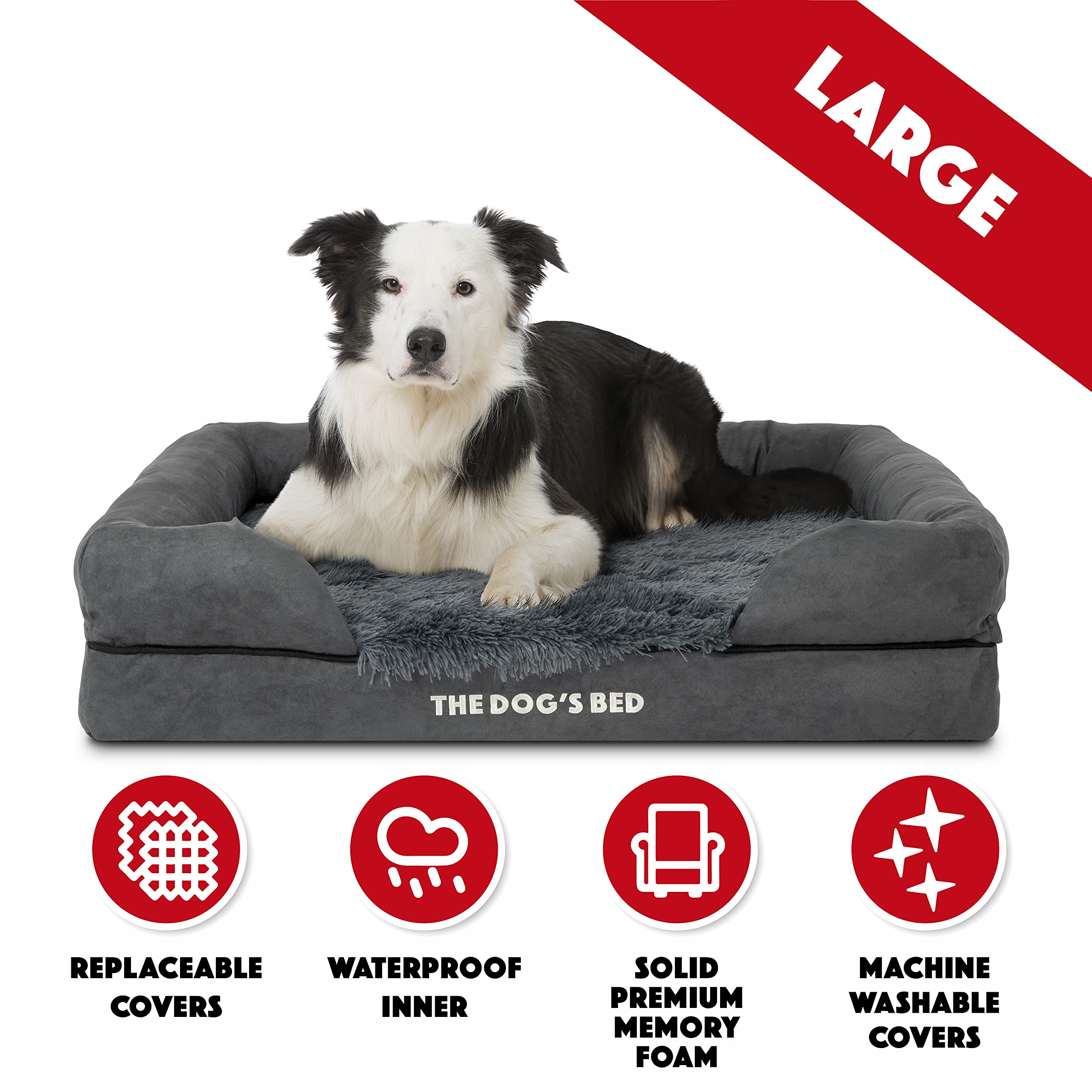 Cuccia per cani, memory foam ortopedico impermeabile, grigio con finiture nere, allevia l'artrite e il dolore da displasia dell'anca, terapeutico e di supporto, tessuto lavabile