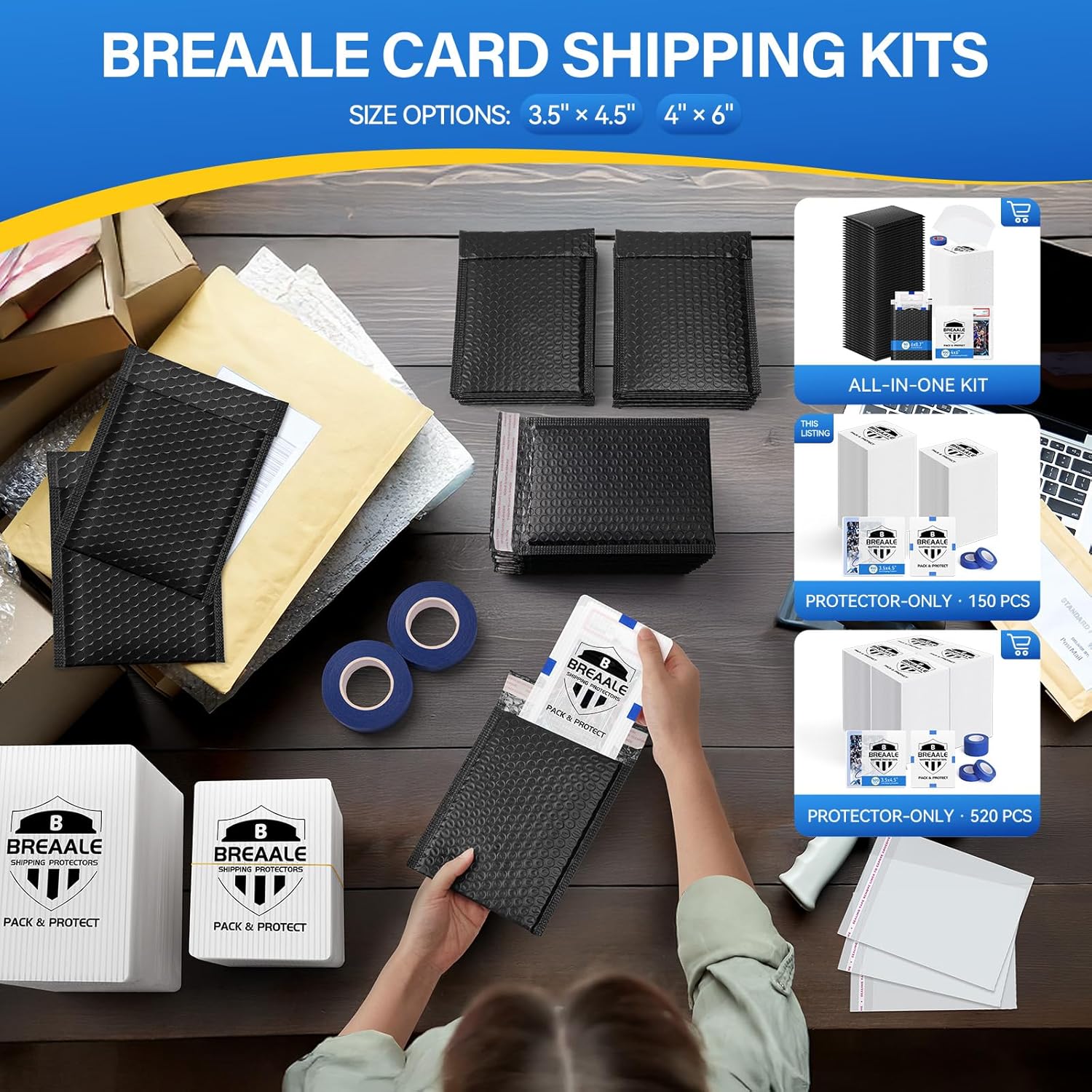 Trading Card Shipping Kit, 520 Pack – 3.5" x 4.5" Card Shipping Protectors with 4 Rolls 20M Painter’s Tape, Strong Plastic Inserts, Works with Toploaders, Sleeved & Raw Cards