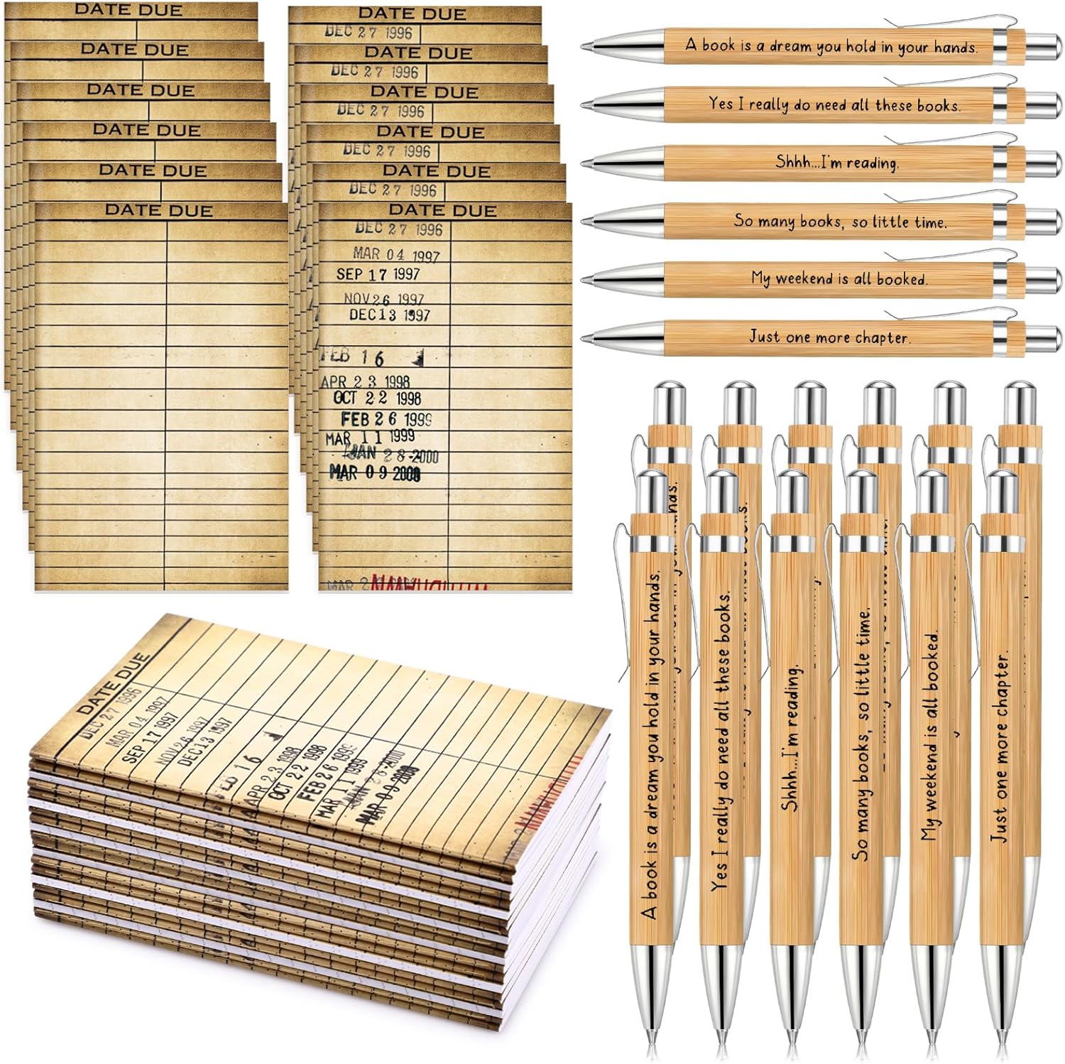 Thenshop 12 Sets Book Lovers Gifts Bulk Book Lover Notebook and Bamboo Pens Lined Library Card Journal Inspirational Ballpoint Pens Librarian Gifts for Reading Fans Club Readers Writers Bookish