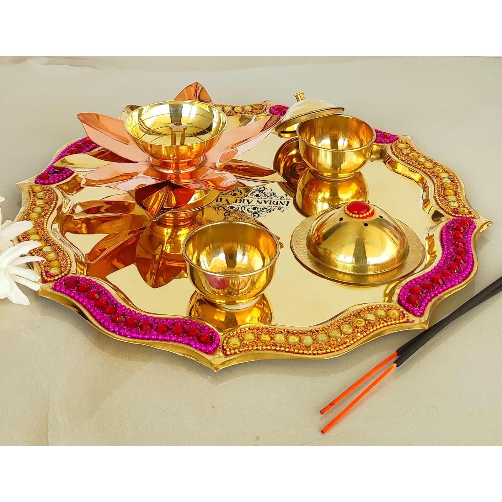INDIAN ART VILLA Brass Red Beaded Design Pooja Thali, Aarti thali for Home/Temple, Spiritual Gift Item (Golden, 10 Inches) - Pack of 1 1