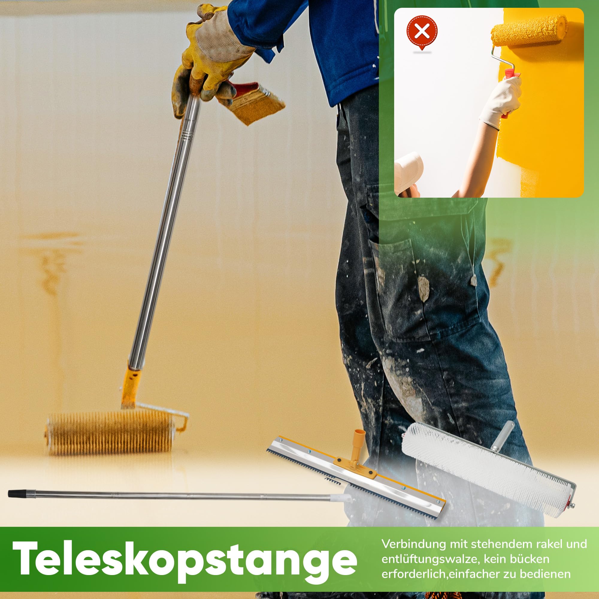 Bodenbeschichtungs-Set, verstellbarem Teleskopstiel von 42-162 cm, vertikalem Spachtel, 56 cm großflächiger Spachtel mit Nylonstollen und Roller, Reinigungsset für Wand- und Bodenbearbeitung