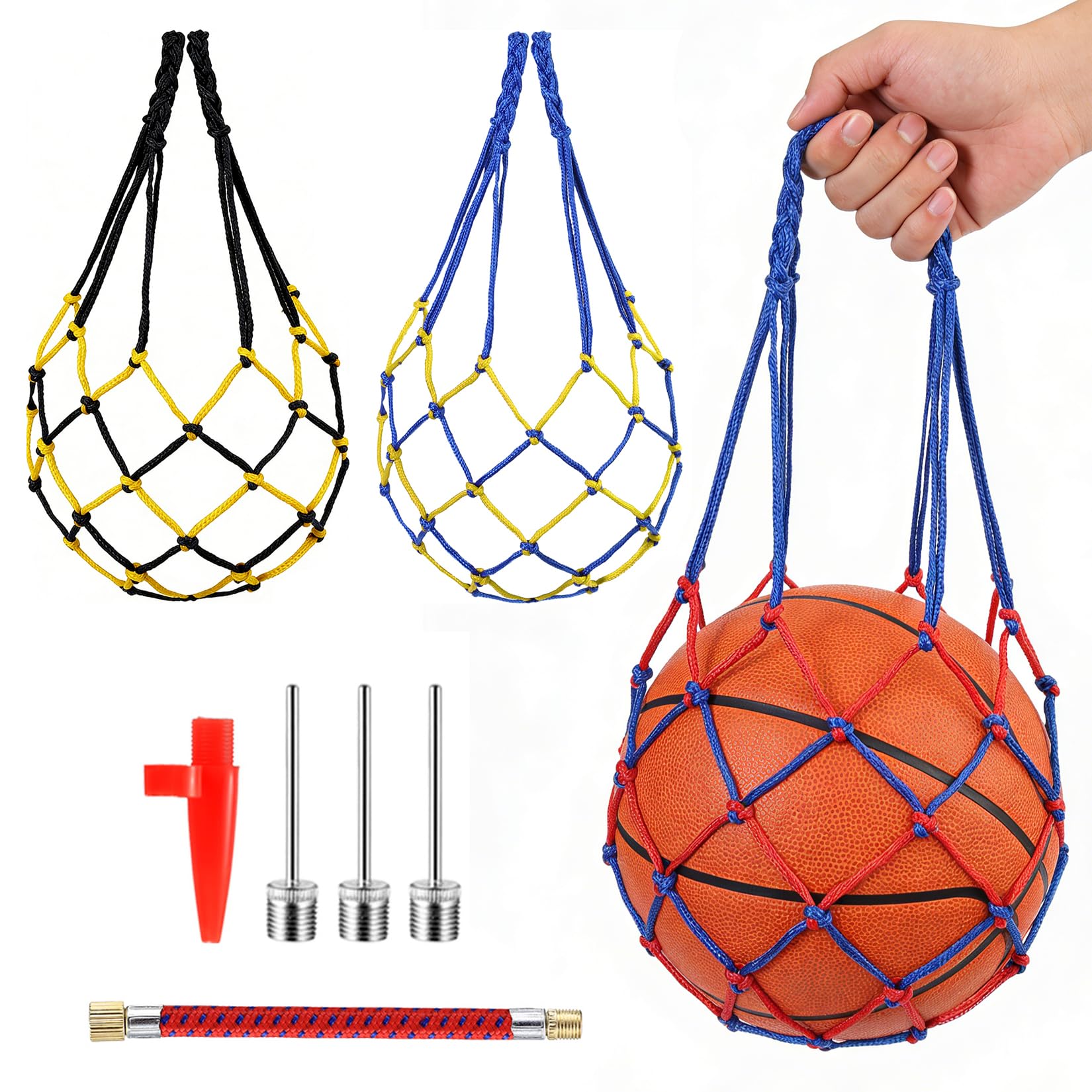 3 Piezas Bolsa para Balón, Bolsa de Pelota de Malla, Red para Balones de Futbol, Bolsas Red Playa Pelotas de Futbol Deportiva Fútbol Baloncesto Voleibol + 3 Agujas, 1 Bomba, 1 Boquilla de Inflado