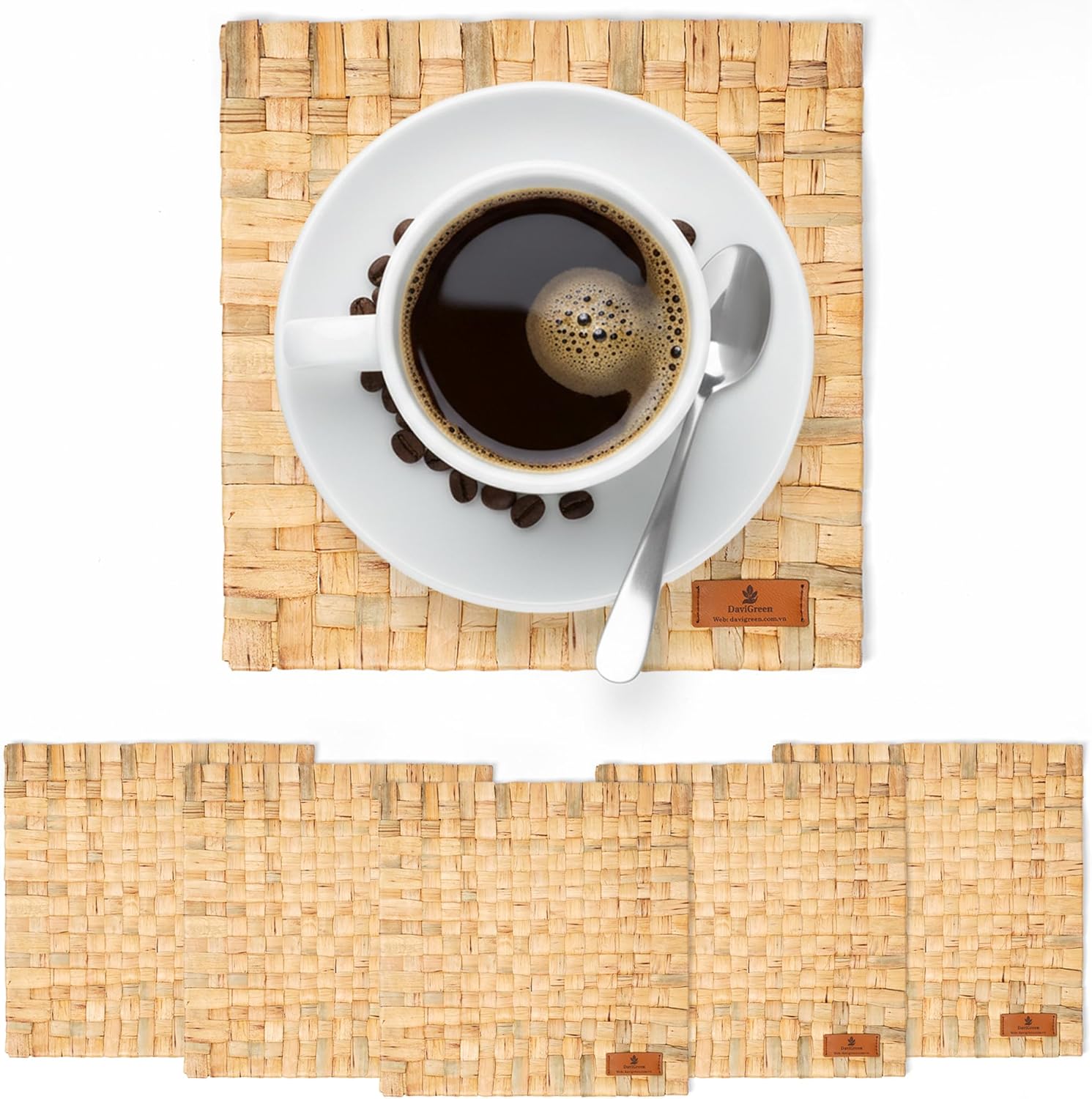 Natural Water Hyacinth Placemats, Handwoven Square Table Mats, Heat-Resistant Dining Set, 8x8, 10x10, 12x12 Inch Options (Set 6, 10 in Square)