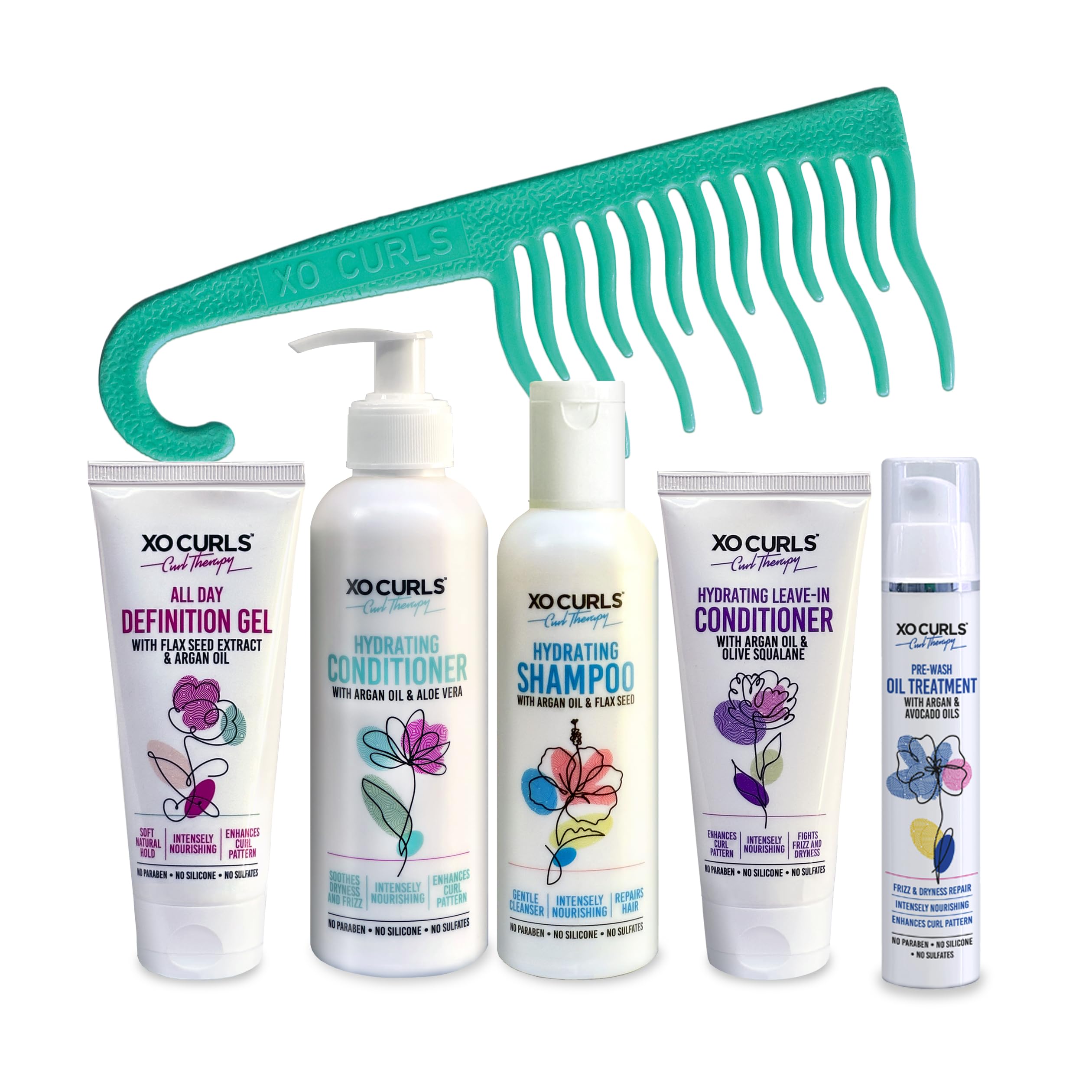 Curl Therapy COMBO, with Pre-Wash Oil, Shampoo, Conditioner, Leave In Conditioner, Definition Gel and Comb for frizz-free, soft natural curls