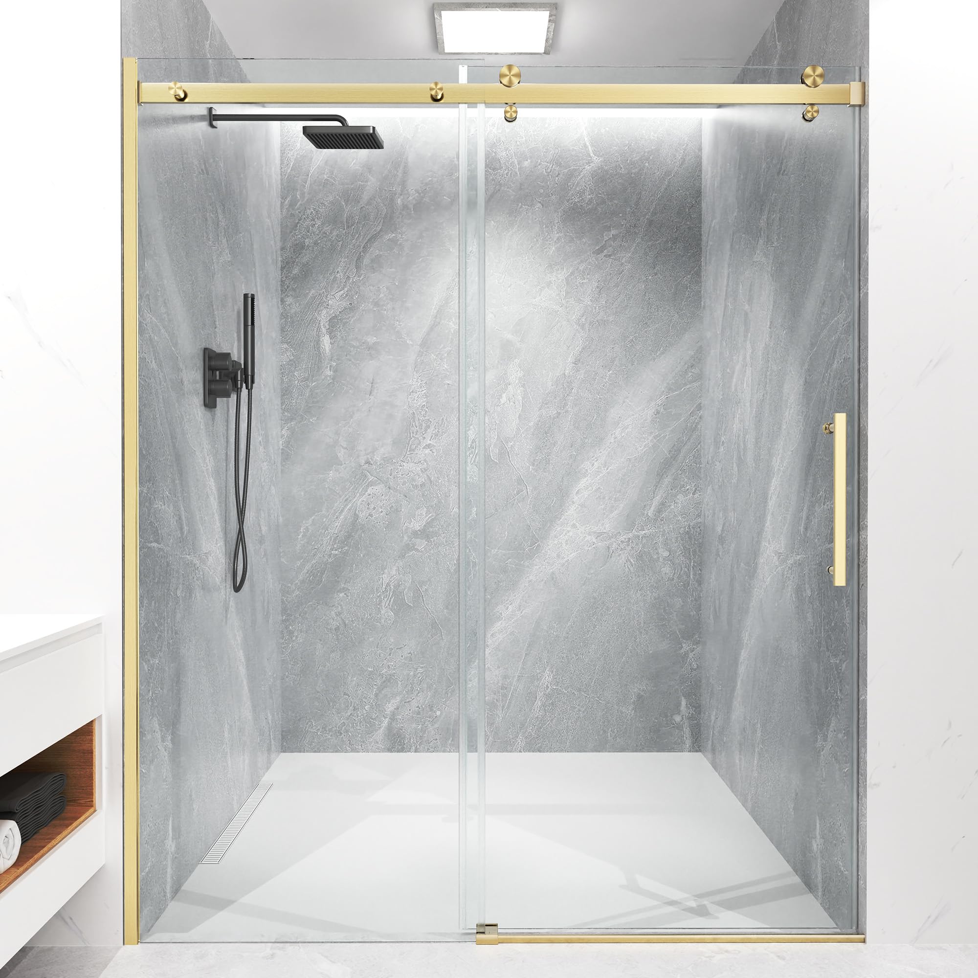 Frameless Sliding Shower Door 56-60" W x 72" H, 5/16" (8mm) Heavy Duty Tempered Glass, Brushed Golden Finish, Single Sliding Walk-in Shower Glass Door, Reversible Installation, Smooth & Quiet Gliding