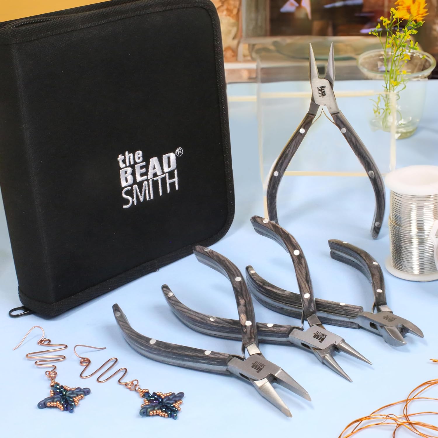 The Beadsmith Wooden Pliers Set - Natural Elements - 4-Piece Kit: Chain Nose, Round Nose, Flat Nose, Side Cutter and Canvas Carrying Case, Black Color, Tools for Jewelry Making