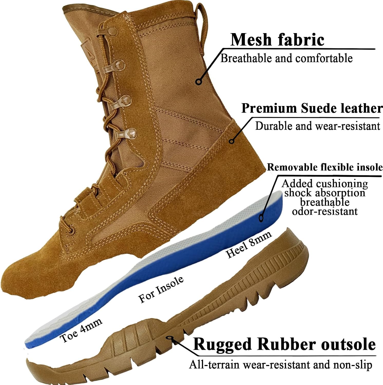 Men's 8 Inches Military Tactical Work Boots Side Zipper Suede Leather Motorcycle Combat Army Boots