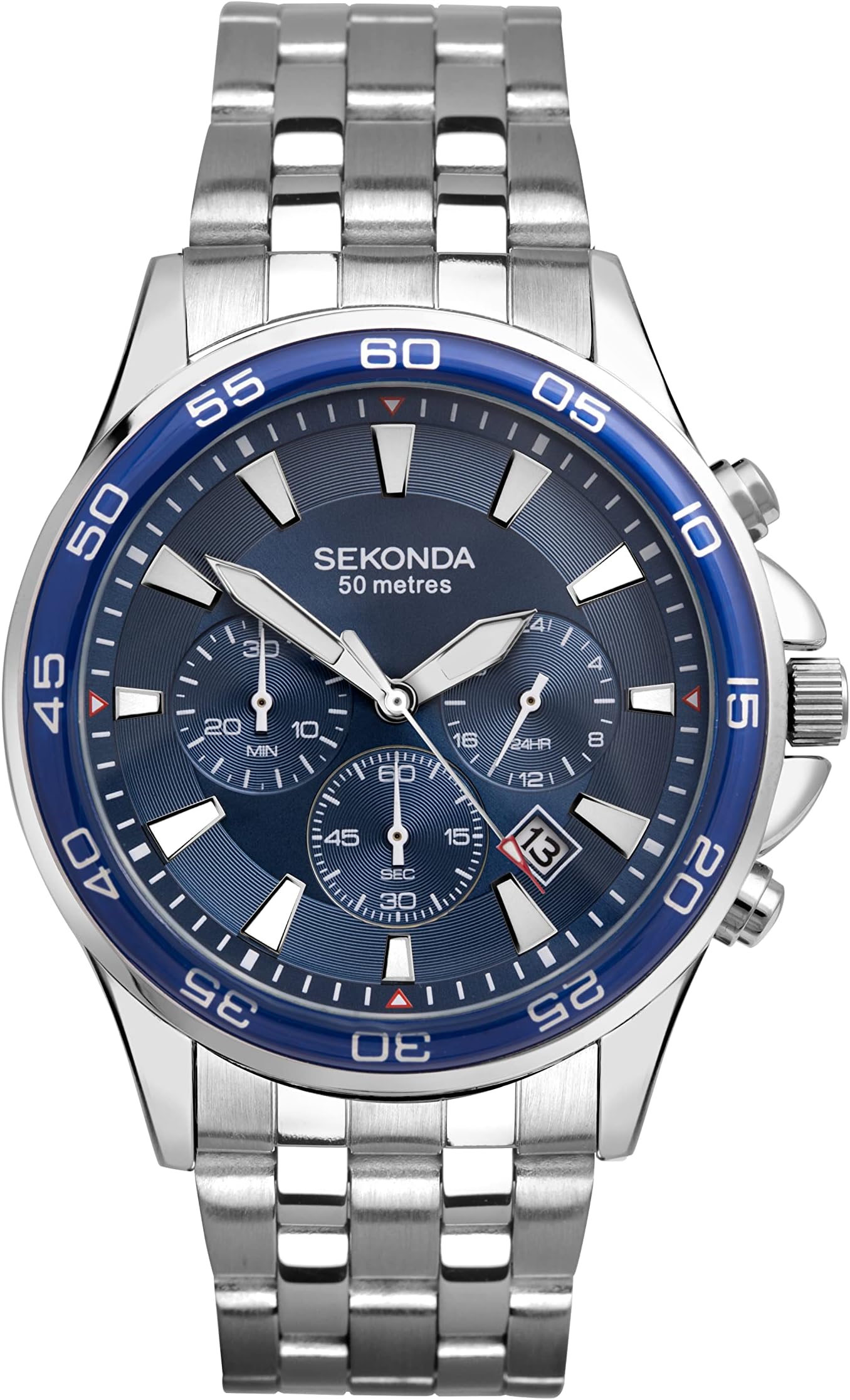 Sekonda Men's Quartz Watch with Chronograph Display and Stainless Steel Bracelet, Silver Bracelet / Blue Dial, Bracelet