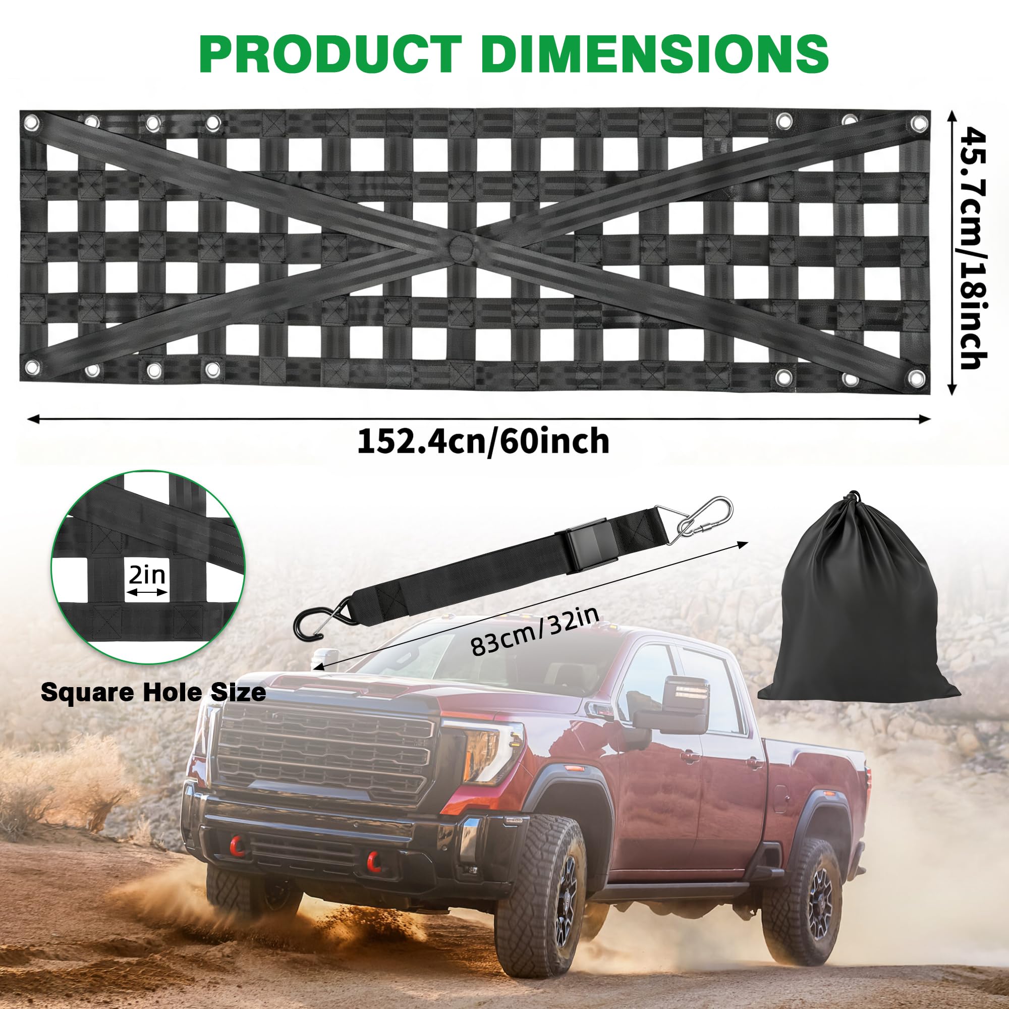 Strapazierfähiges Heckklappennetz für Pickup-LKW-Bett, 152,4 x 45,7 cm, mit 4 verstellbaren Schnallenriemen, langlebiges Heckklappen-Gepäcknetz für Anhänger, Pickup, Boot, Jeep, SUV
