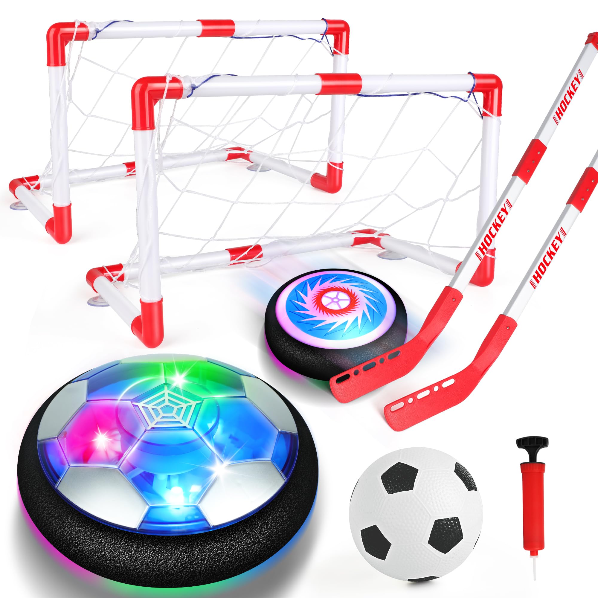 Billeeit 3-in-1 Hover Soccer Ball Set, Including 2 LED Hover Hockey and Soccer Ball Toys, Indoor Red & White Goals, Sports Game Toy, Soccer Gift for 4-8, 8-12 Years Old Boys