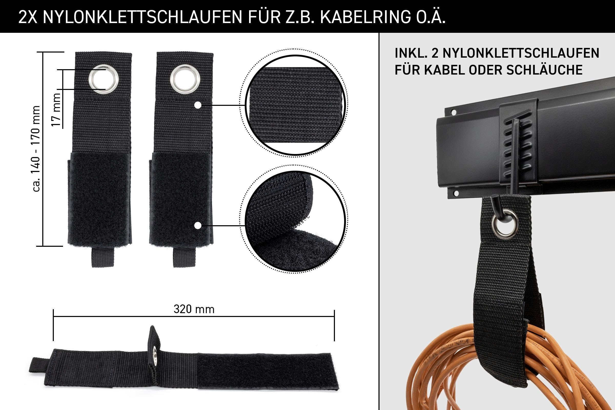 36 teiliges Gerätehalterung Set bestehend aus 3 Stahl Schienen + 7 Halter + 2 Nylonklettschlaufen und Befestigungsmaterial - Stahlblech schwarz lackiert mit gummierten Halterarmen