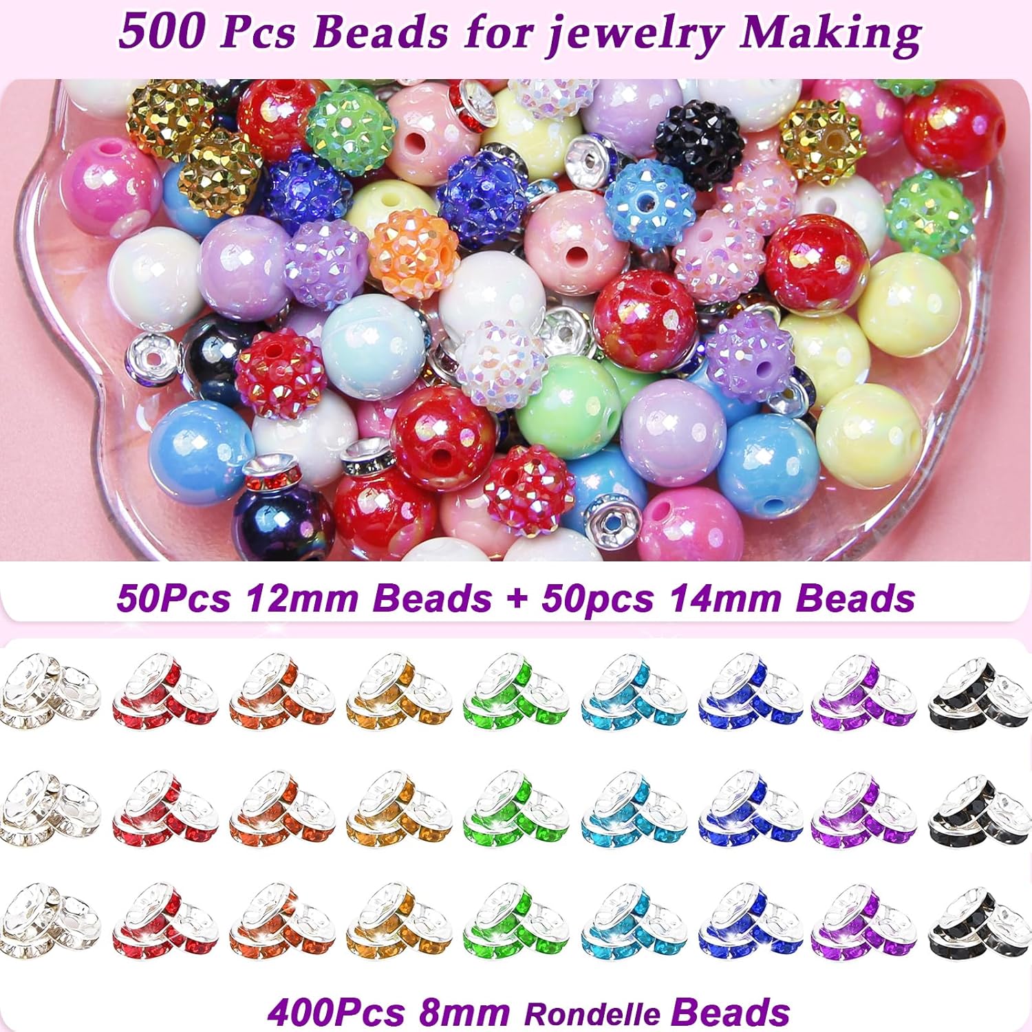 500 Pcs Beads for Pens Making, Rhinestone Rondelle Spacer Beads Rainbow Acrylic Focal Bead Crystal Round Sparkly Bead for Beadable Pens Keychain Bracelets Necklace DIY Craft Jewelry Making Supplies - Image 3